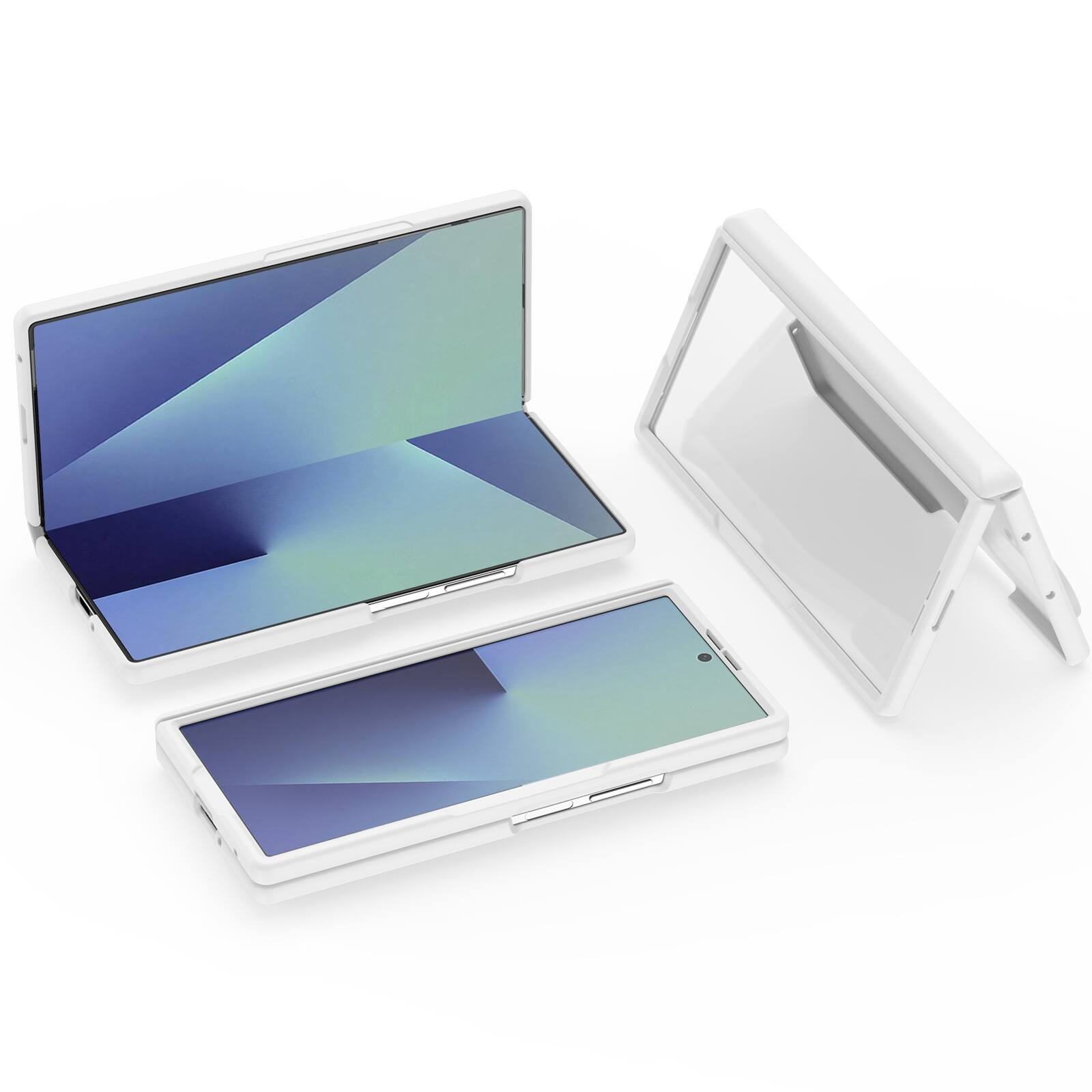 Angle. Dteck - Shockproof Case for Samsung Galaxy Z Fold7 with Built-in Glass Screen Protector, Rigid Hard PC Hinge Protective Cover - White.