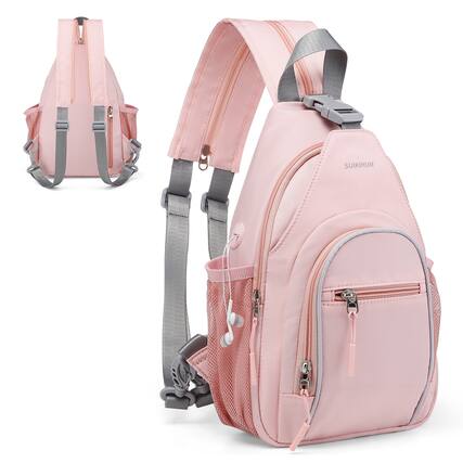 Front. Unique Bargains - Crossbody Sling Bag with Water Bottle Holder 8.3" Convertible Small Backpack Anti Theft Daypack Chest Fanny Pack - Pink.