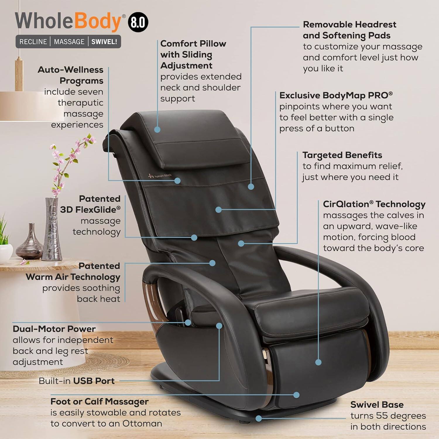 WholeBody 8.0 RECLINE | MASSAGE | SWIVEL!  
Comfort Pillow with Sliding Auto-Wellness Adjustment provides extended Programs neck and shoulder include seven therapeutic support massage experiences  
Removable Headrest and Softening Pads to customize your massage and comfort level just how you like it  
Exclusive BodyMap PRO pinpoints where you want to feel better with a single press of a button  
Targeted Benefits to find maximum relief, just where you need it  
Patented 3D FlexGlide massage technology  
CirQlation Technology massages the calves in an upward, wave-like motion, forcing blood toward the body's core  
Patented Warm Air Technology provides soothing back heat  
Dual-Motor Power allows for independent back and leg rest adjustment  
Built-in USB Port  
Foot or Calf Massager is easily stowable and rotates to convert to an Ottoman  
Swivel Base turns 55 degrees in both directions