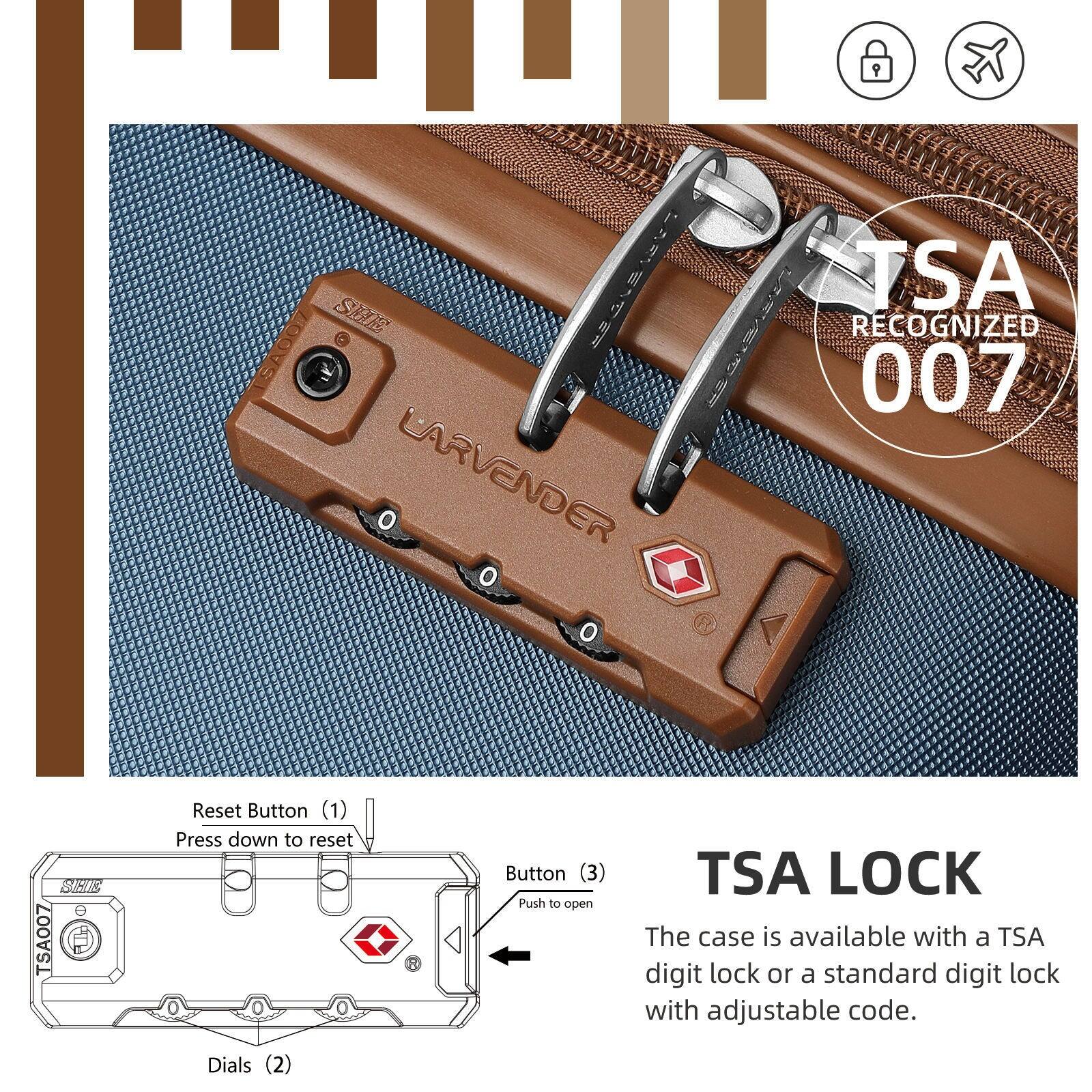 Sure, here is the corrected and grouped text from the image:

---

**TSA LOCK**

The case is available with a TSA digit lock or a standard digit lock with adjustable code.

- **Reset Button (1)**  
  Press down to reset

- **Dials (2)**

- **Button (3)**  
  Push to open

---

**TSA RECOGNIZED 007**  
**LARVENDER**