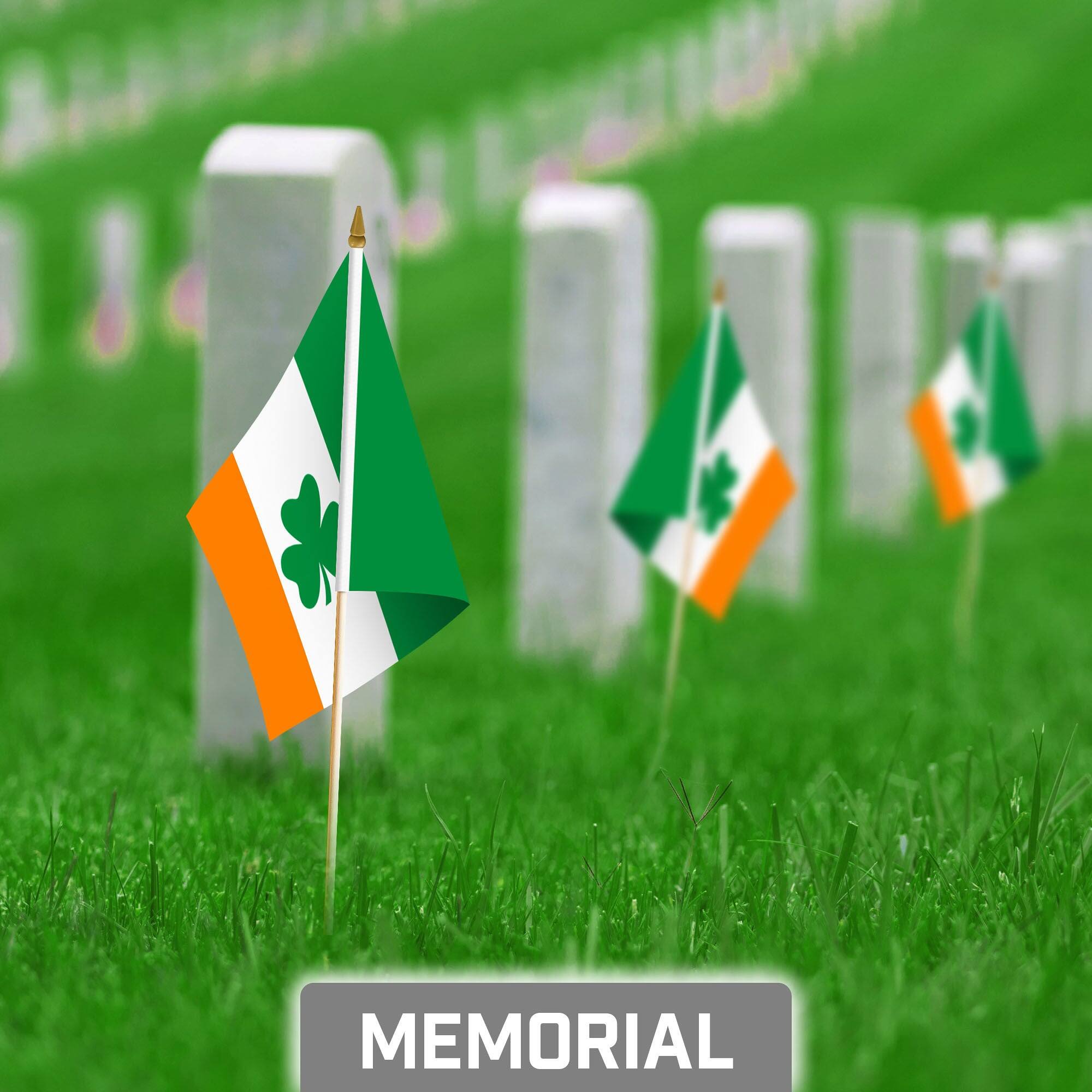 Back. G128 - 50-Pack Ireland Shamrock Handheld Stick Flags, 8x12 in, 150D Polyester, Wooden Stick with Gold Spear Tip - Assorted Colors.