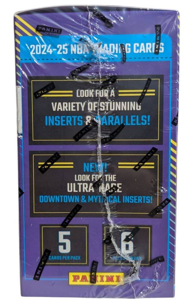 PANINI  
2024-25 NBA RISING STARS  

LOOK FOR A VARIETY OF STUNNING INSERTS & PARALLELS!  

NEW!  
LOOK FOR THE ULTRA NARE DOWNTOWN & MYTHICAL INSERTS!  

5 CARDS PER PACK  

6 PACKS PER BOX  

PANINI