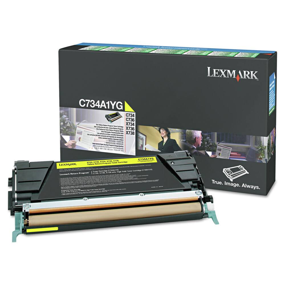 LEXMARK C734A1YG  
C734 C736 X734 X736 X738  

True. Image. Always.  

LEXMARK  
C734A1YG  
C734 C736 X734 X736 X738  

Lexmark's Return Program  
Toner Cartridge C734A1YG  
Yellow Toner Cartridge  

Lexmark's Return Program  
Toner Cartridge C734A1YG  
Yellow Toner Cartridge  

Cartridges  
Raturs  
Toner  
LEXMARK  
C734A1YG  
Toner Cartridge