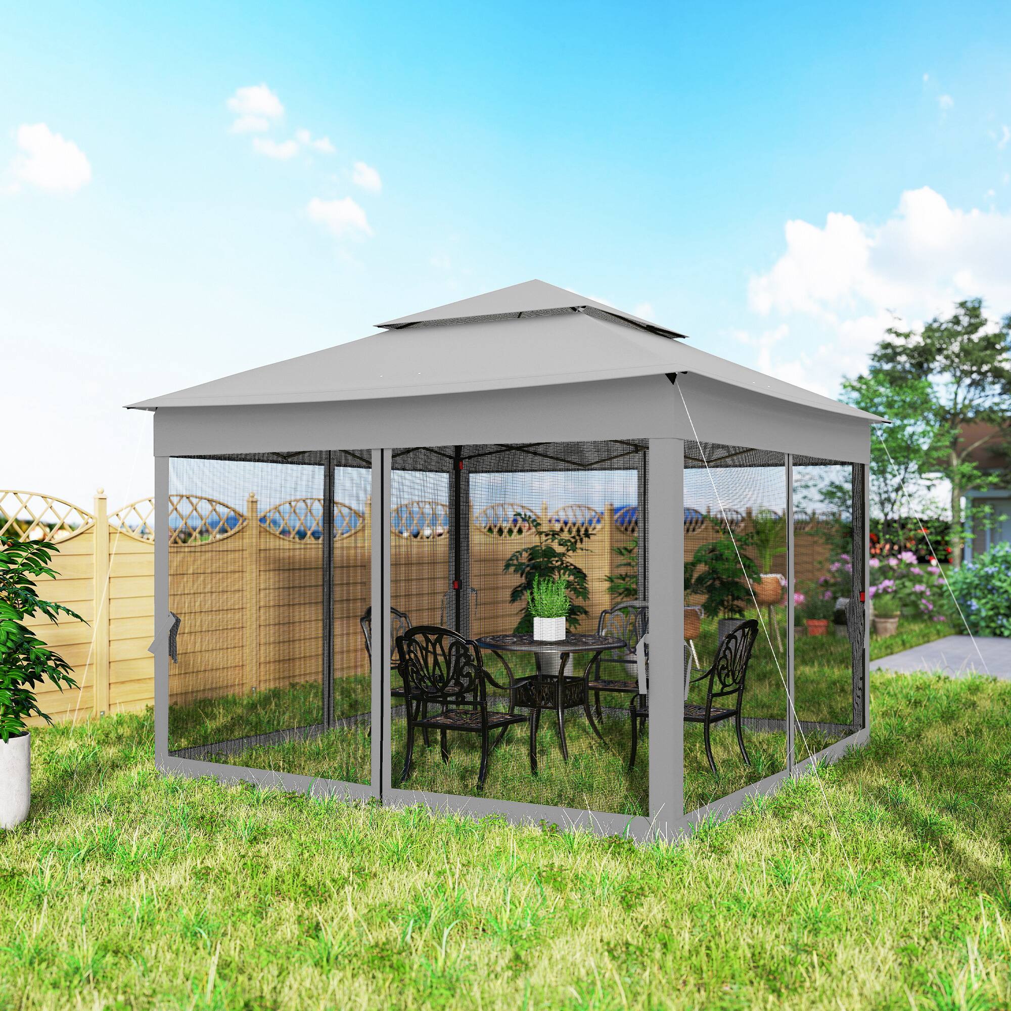 Alt View 8. Outsunny - Outdoor Patio Pop Up Canopy Gazebo Shelter with Zipper Netting, Carry Bag, 11' x 11' - Light Gray.
