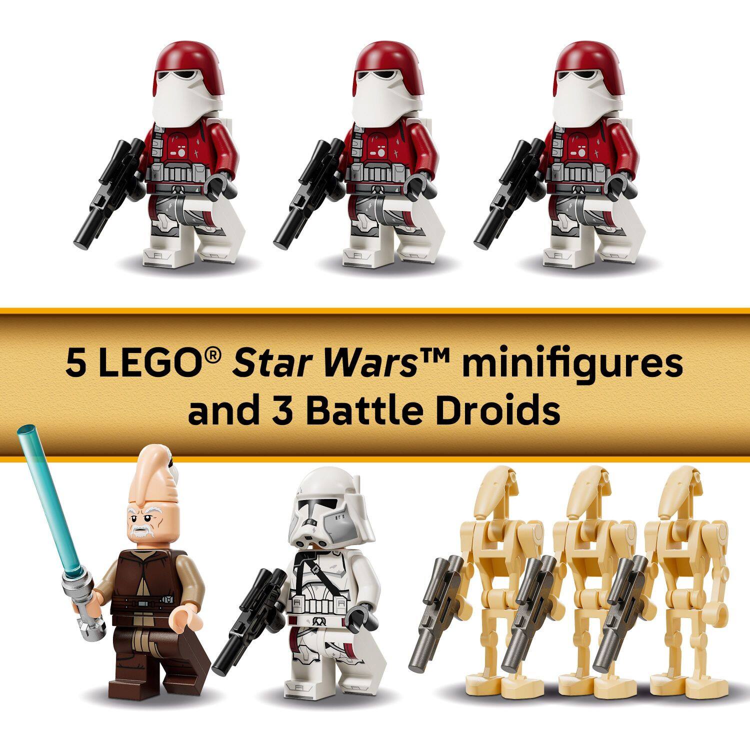 5 LEGO® Star Wars™ minifigures and 3 Battle Droids