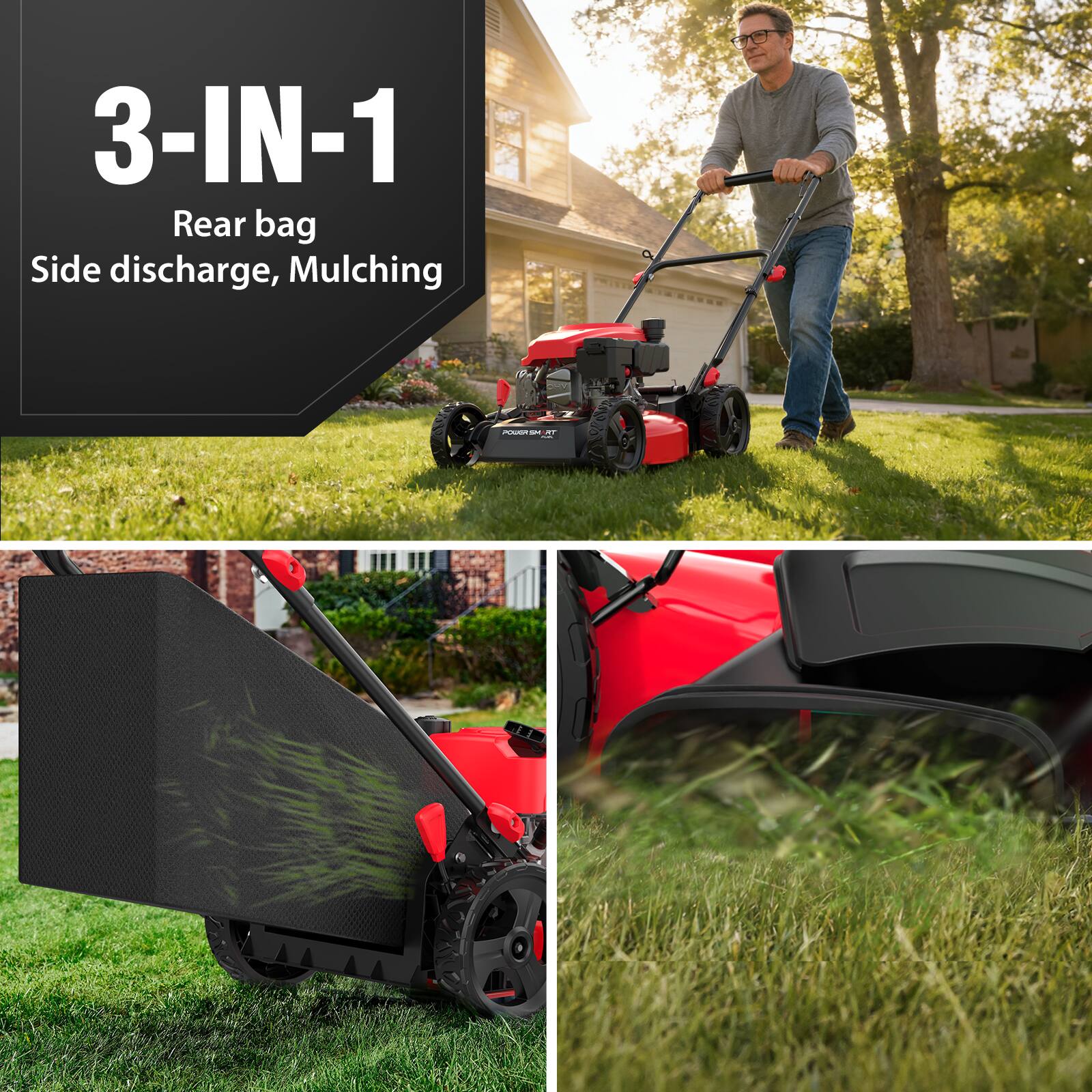 3-IN-1  
Rear bag  
Side discharge, Mulching
