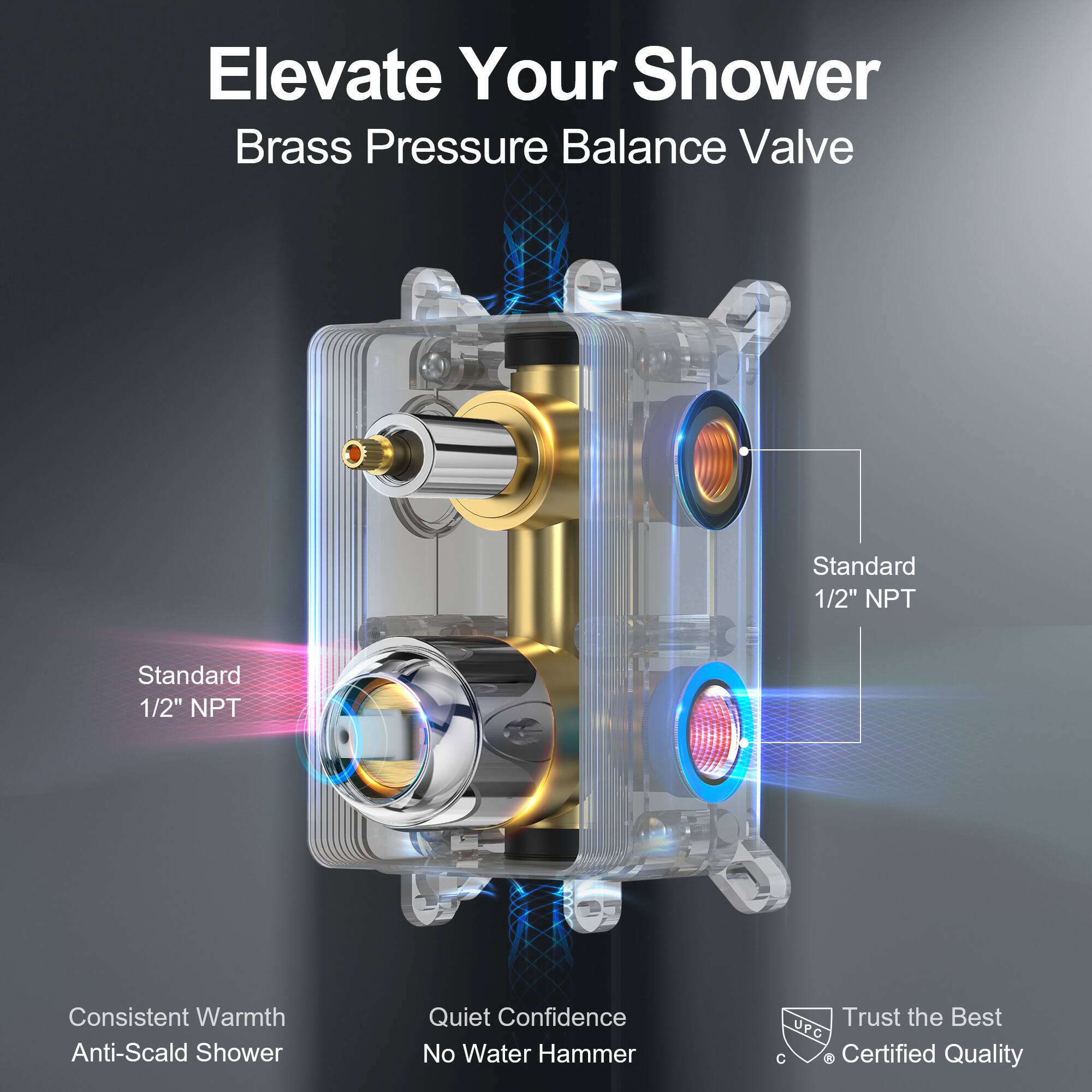 Elevate Your Shower  
Brass Pressure Balance Valve  

Standard 1/2" NPT  
Standard 1/2" NPT  

Consistent Warmth  
Anti-Scald Shower  

Quiet Confidence  
No Water Hammer  

Trust the Best  
Certified Quality