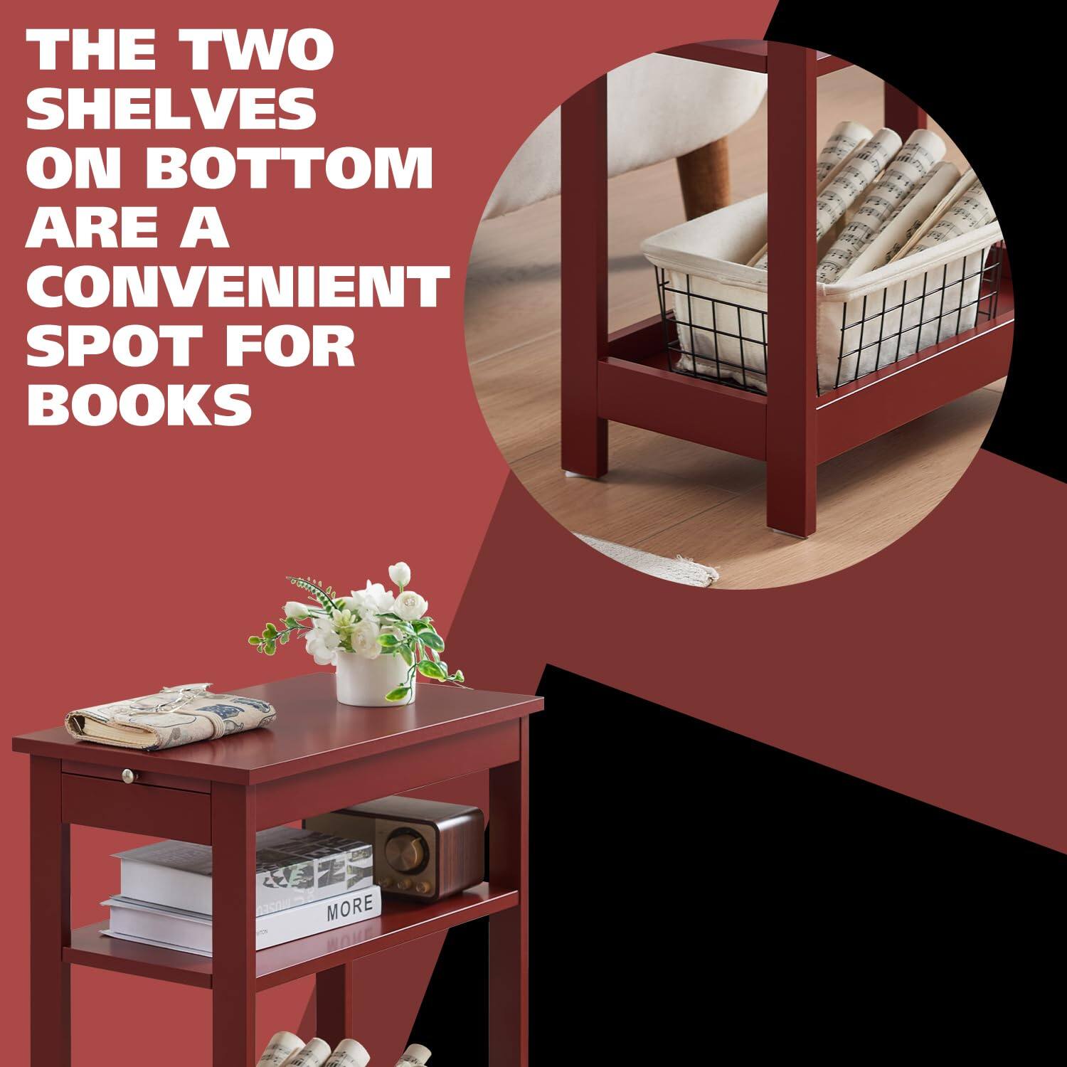 THE TWO SHELVES ON BOTTOM ARE A CONVENIENT SPOT FOR BOOKS