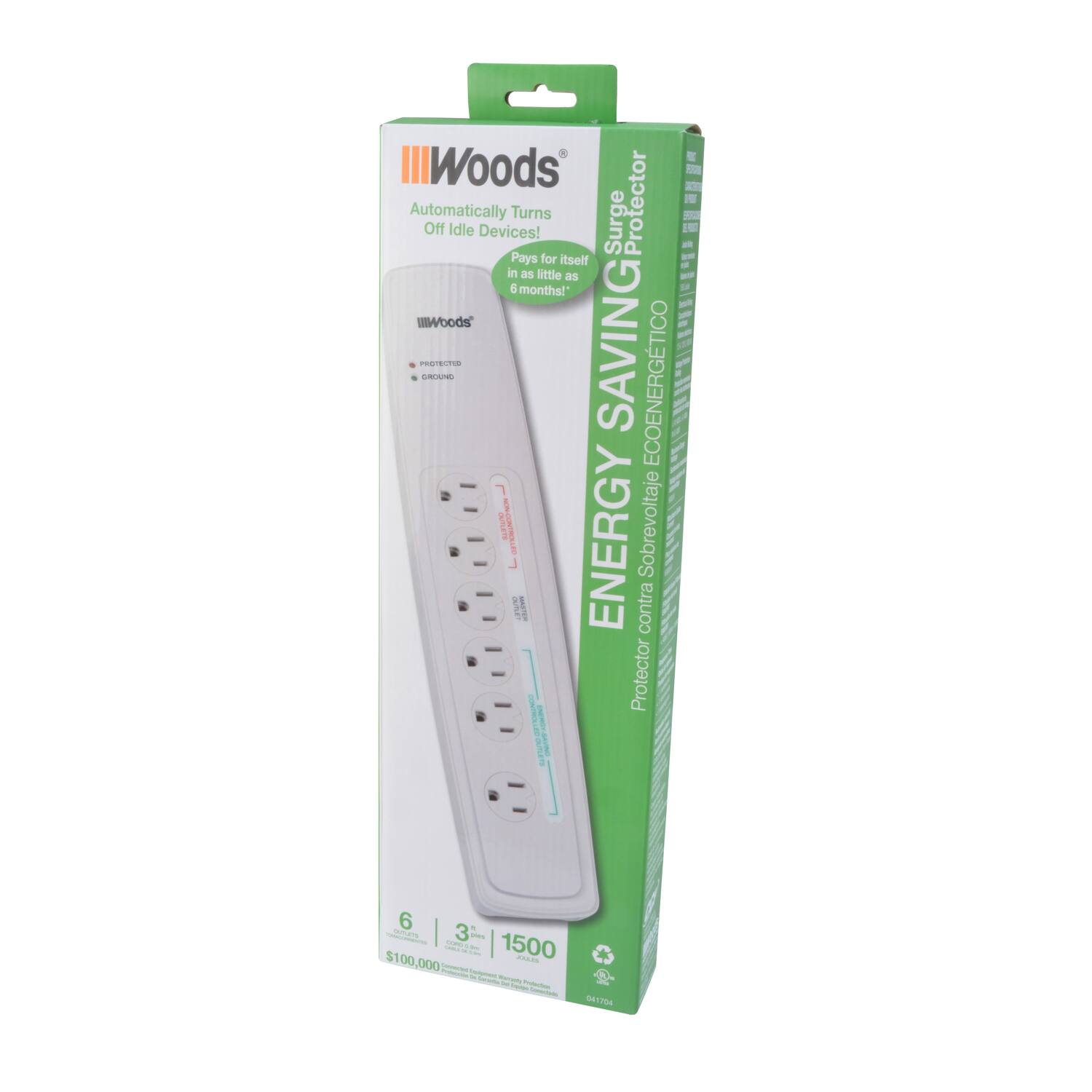 Woods  
Automatically Turns Off Idle Devices!  
Pays for itself in as little as 5 months!  

ENERGY SAVING  
Protector contra Sobrevoltaje  
Protector de Energía  
Ecoenergético  

6 Outlets  
3 USB Ports  
1500 Watts  

$100,000  
Protected Devices  

04704