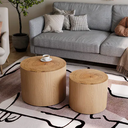 Front. Loheer - Loheer Nesting Coffee Table Set of 2 Natural Wood Tree Ring Round Tables - Natural Wood.