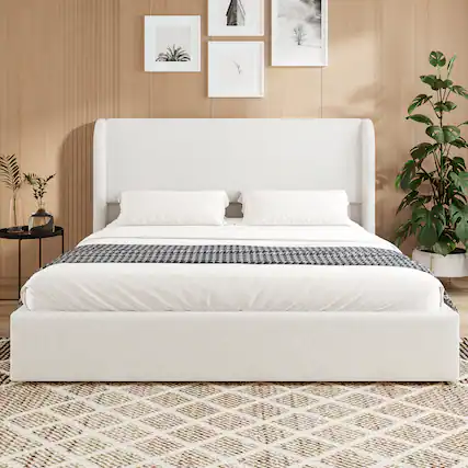 Front. LUCKY ONE - King Size Upholstered Bed Frame with Headboard - White.