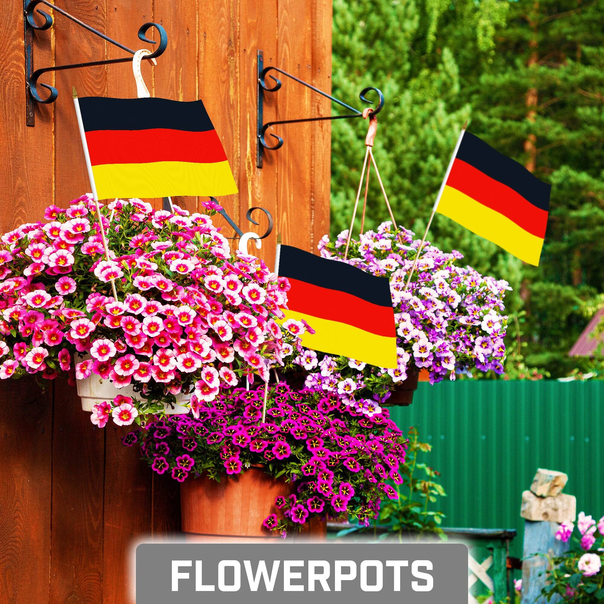 Angle. G128 - 50-Pack Handheld Germany Flags, 8 x 12 in, 150D Polyester with Wooden Stick and Gold Spear Tip. - Assorted Colors.