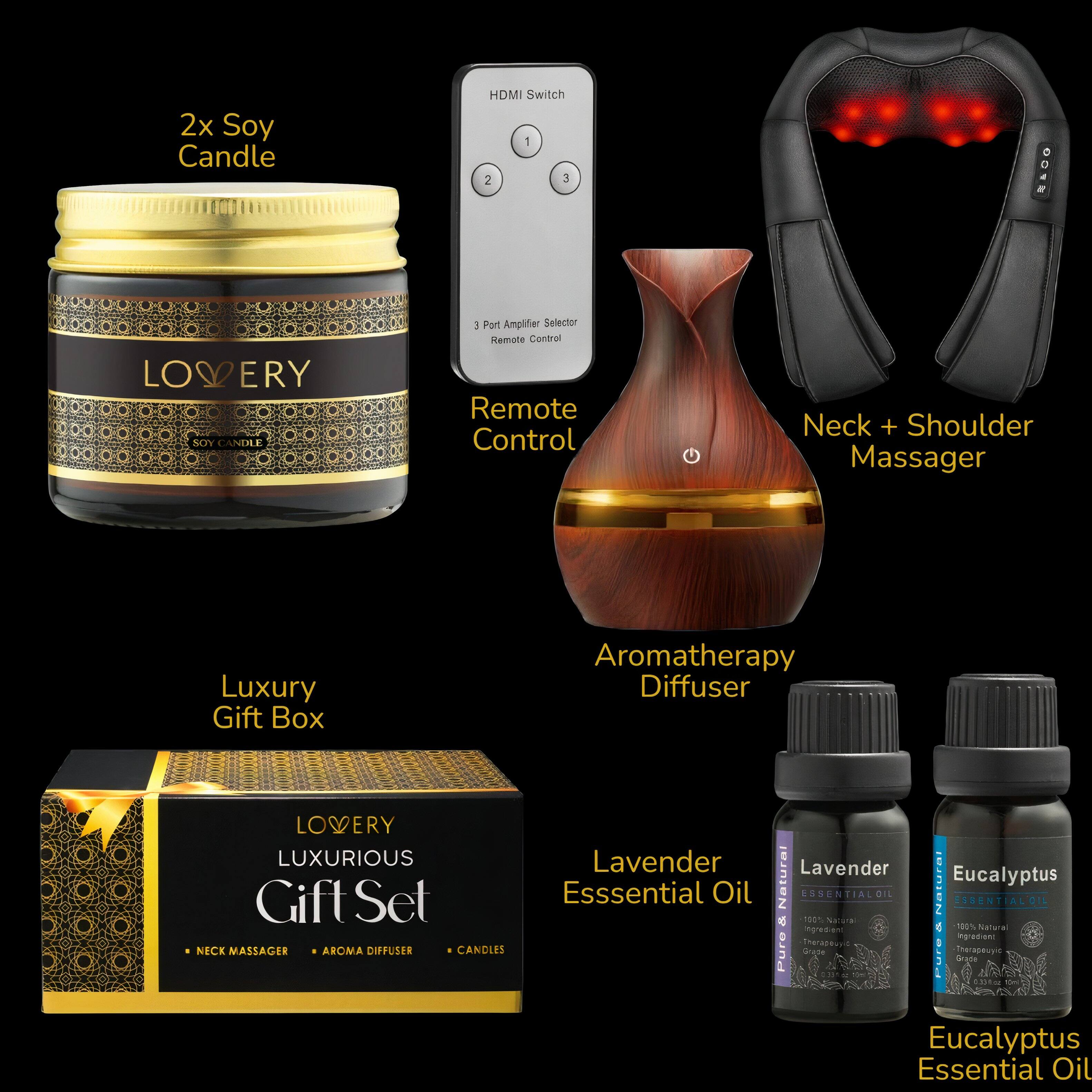 2x Soy Candle, HDMI Switch, Remote Control, Neck + Shoulder Massager, Luxury Gift Box, Aromatherapy Diffuser, Lavender Essential Oil, Eucalyptus Essential Oil