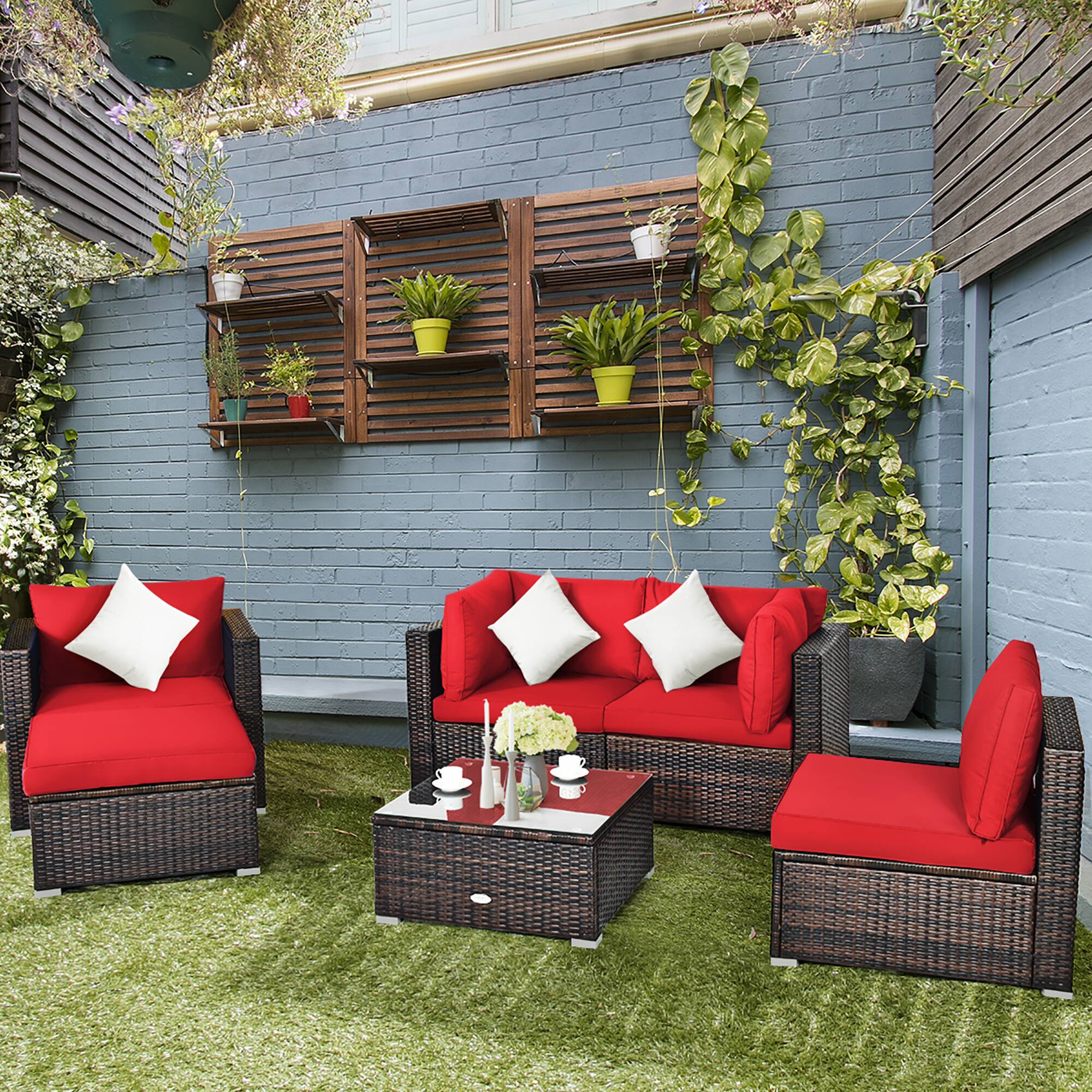 Alt View 1. Costway - 6PCS Patio Rattan Furniture Set Cushion Sofa Coffee Table Ottoman - Red.