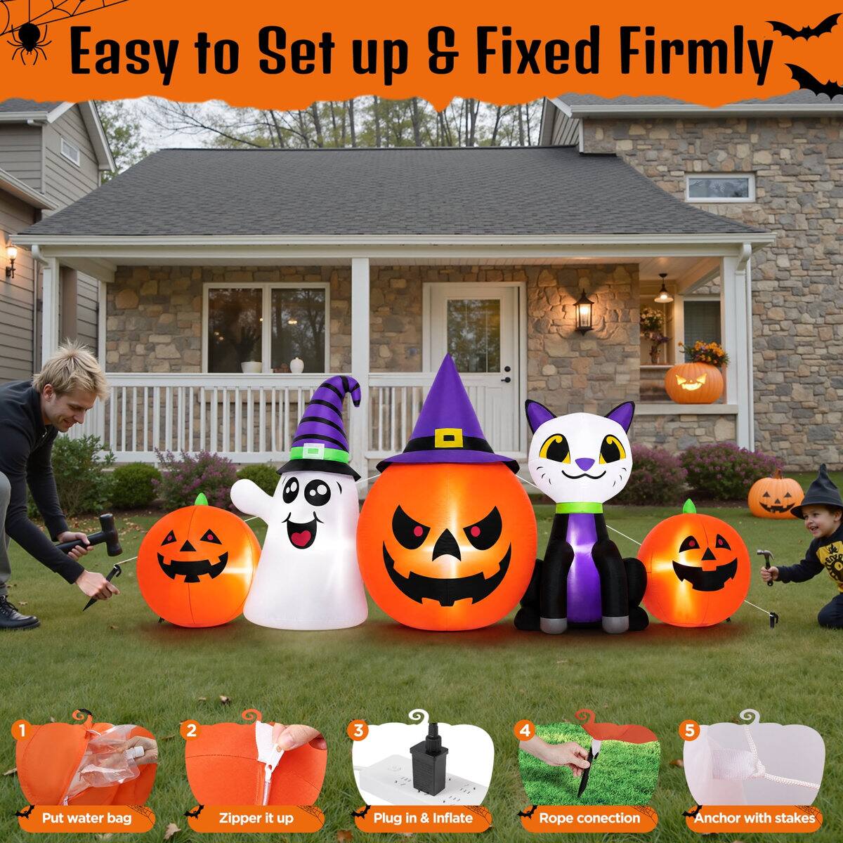 Easy to Set up & Fixed Firmly

1. Put water bag
2. Zipper it up
3. Plug in & Inflate
4. Rope connection
5. Anchor with stakes