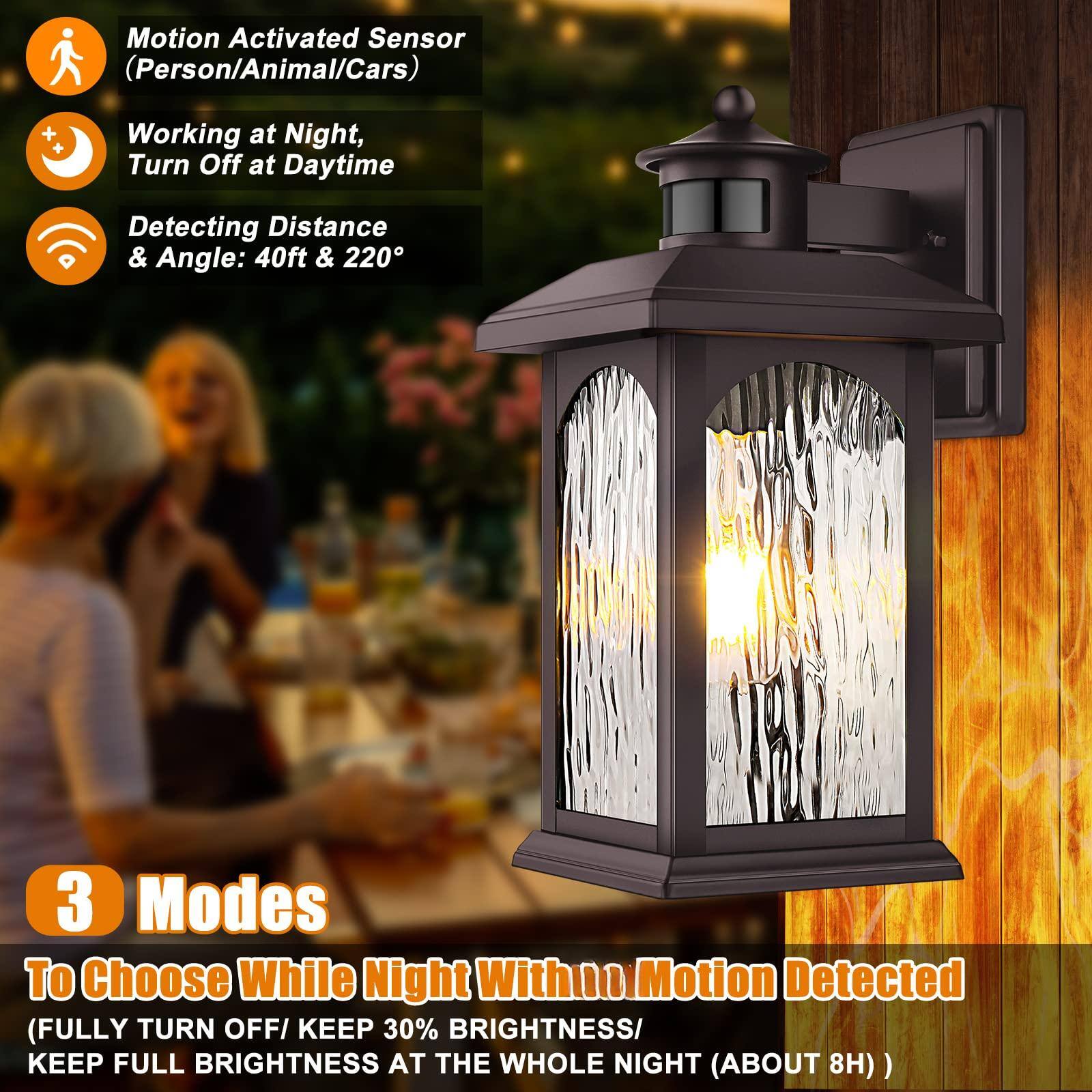 Motion Activated Sensor (Person/Animal/Cars)  
Working at Night, Turn Off at Daytime  
Detecting Distance & Angle: 40ft & 220°  

3 Modes To Choose While Night Without Motion Detected  
(FULLY TURN OFF / KEEP 30% BRIGHTNESS / KEEP FULL BRIGHTNESS AT THE WHOLE NIGHT (ABOUT 8H))