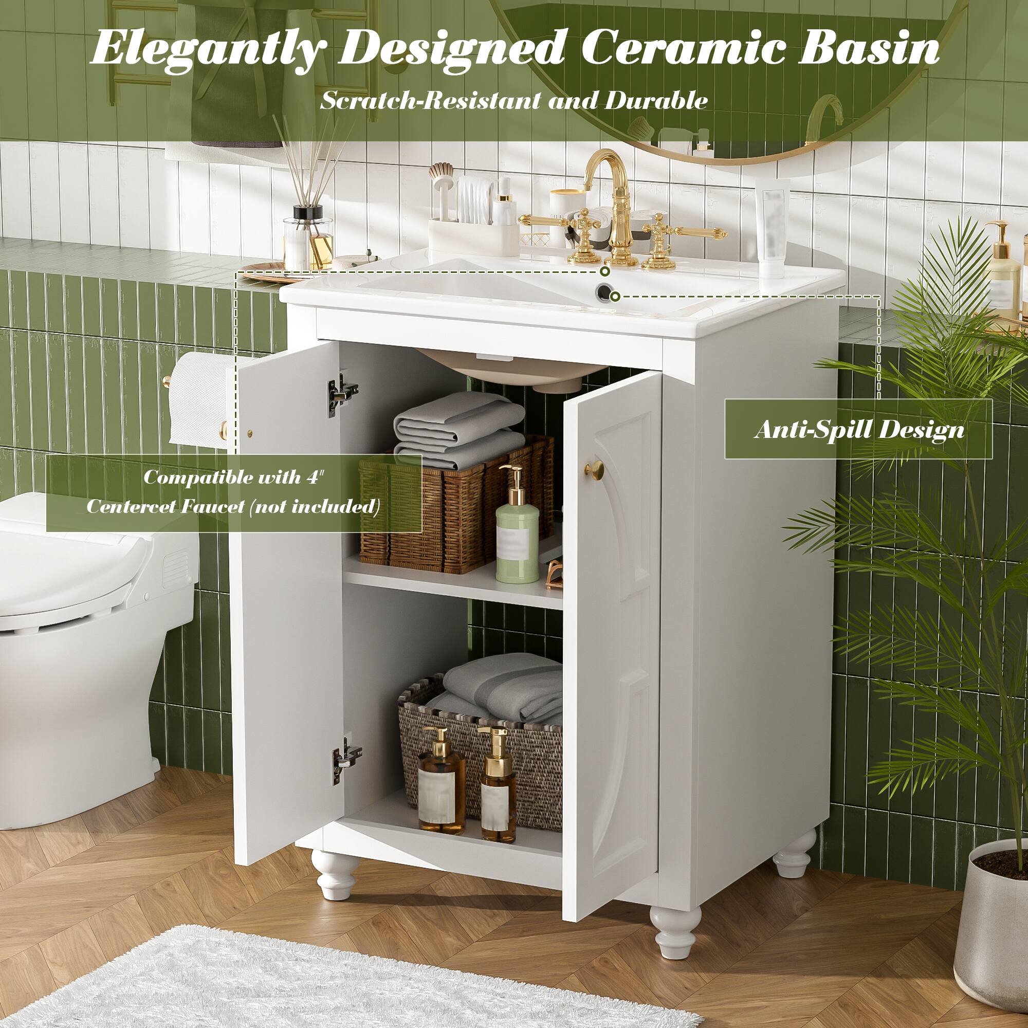 Elegantly Designed Ceramic Basin Scratch-Resistant and Durable Anti-Spill Design Compatible with 4" Centercet Faucet (not included)
