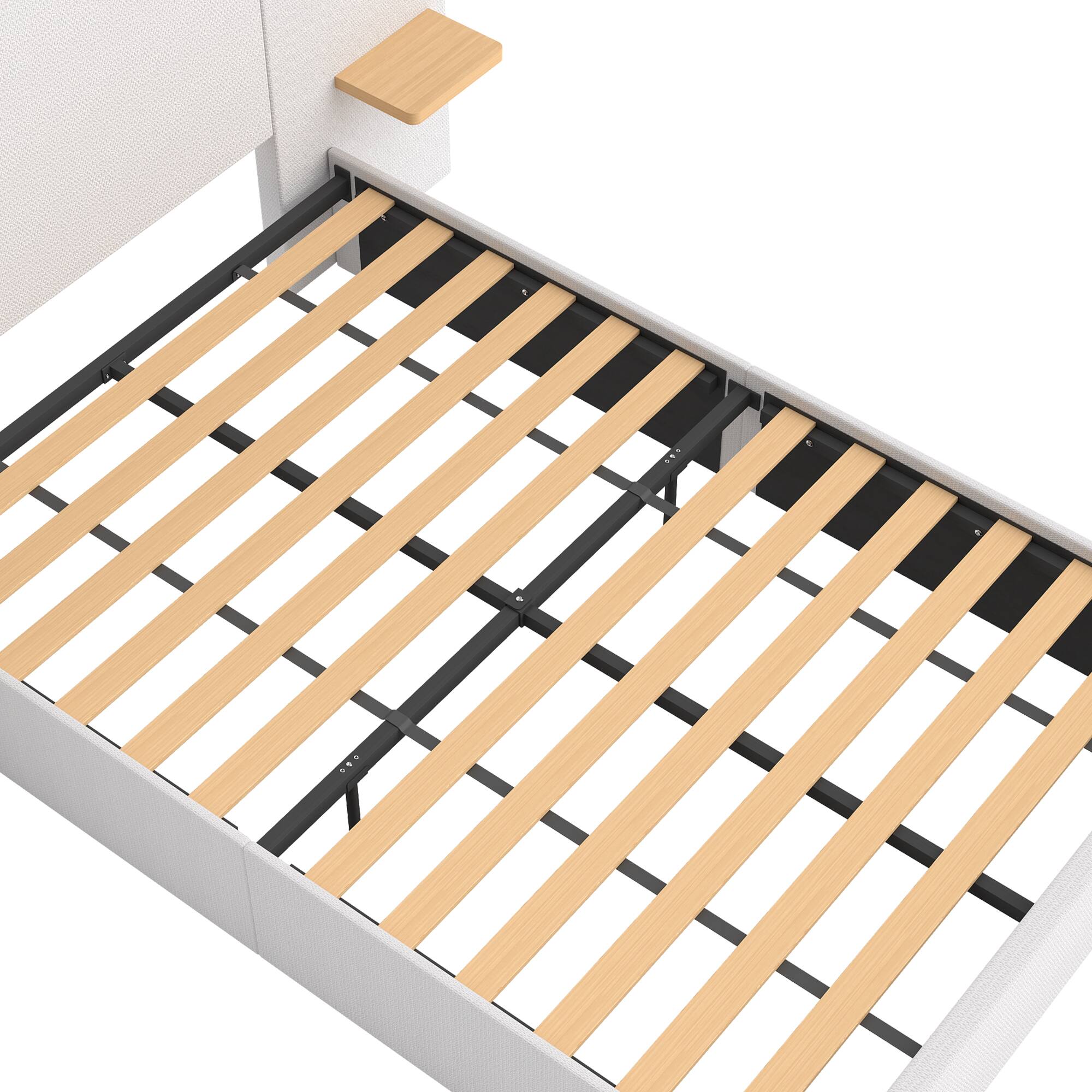 Alt View 2. Brick Attic - Upholstered Bed with Oversized Headboard & Side Shelves,Solid Wood Frame,Left & Right Storage for Phone and Books - White.