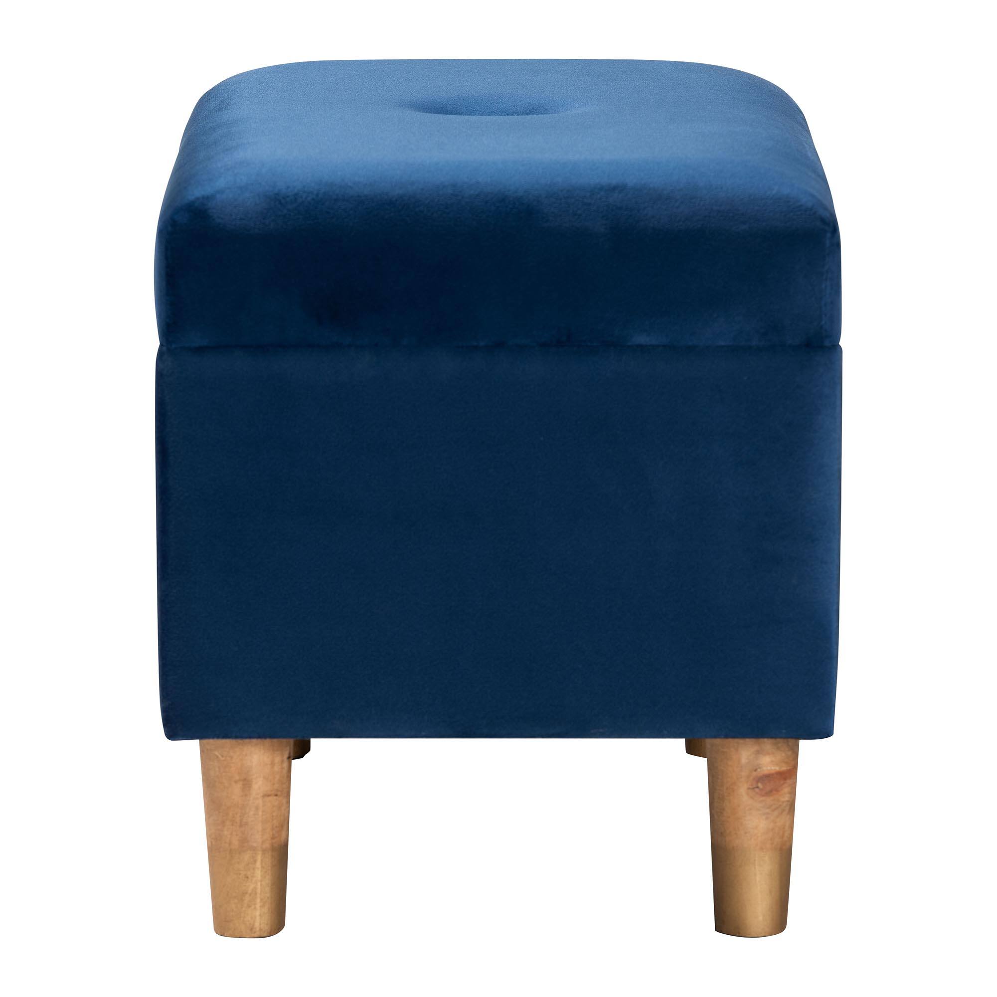 Back. Baxton Studio - Elias Modern Velvet Fabric Storage Ottoman - Navy Blue/Oak Brown.