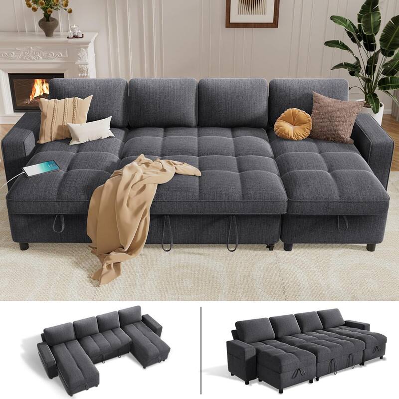 Front. Dyonery - Dyonery 108" 4 Seat Modular Sectional Sofa with USB Ports/Adjustable Backrest/2 Storage Seats,Dark Gray - Gray.