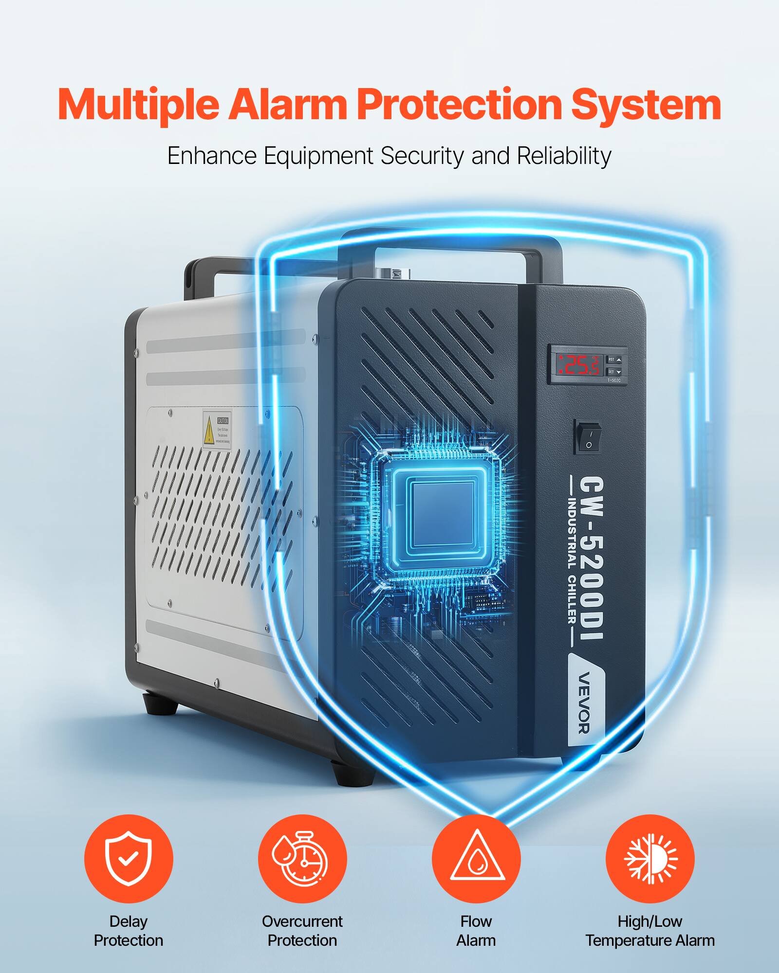Multiple Alarm Protection System Enhance Equipment Security and Reliability

INDUSTRIAL CW-5200DI CHILLER VEVOR

Delay Protection
Overcurrent Protection
Flow Alarm
High/Low Temperature Alarm