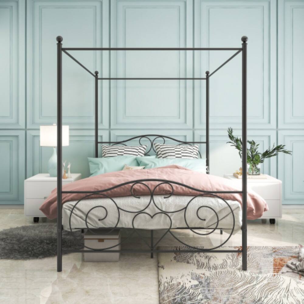 Back. LUCKY ONE - Queen Size Metal Canopy Bed Frame with Vintage Headboard and Footboard, Steel Slats, No Box Spring Needed - Black.
