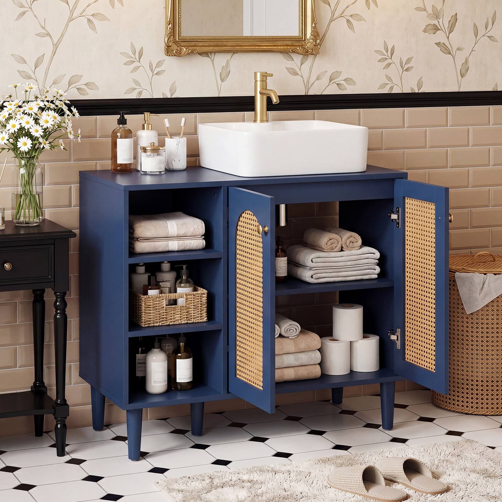 Alt View 4. Costway - Costway 36" Under Sink Cabinet, Boho Sink Base Cabinet with Rattan Doors, Rubber Wood Legs - Navy + Natural.