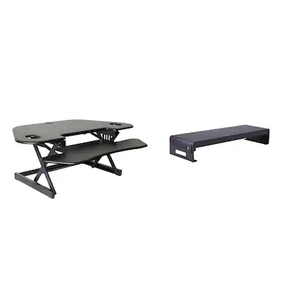 Front. Rocelco - 46" Height Adjustable Corner Standing Desk Converter - Dual Monitor Stand BUNDLE - Black.