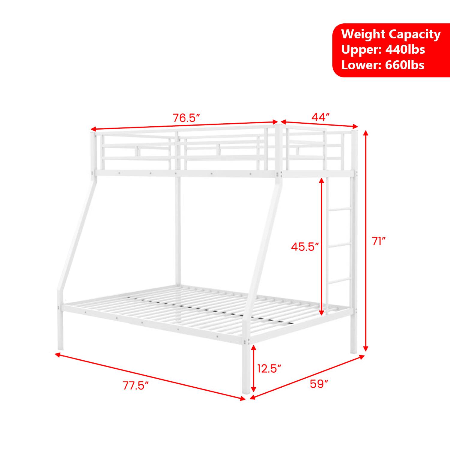 Weight Capacity Upper: 440lbs Lower: 660lbs  
76.5" 44" 45.5" 71" 77.5" 12.5" 59"