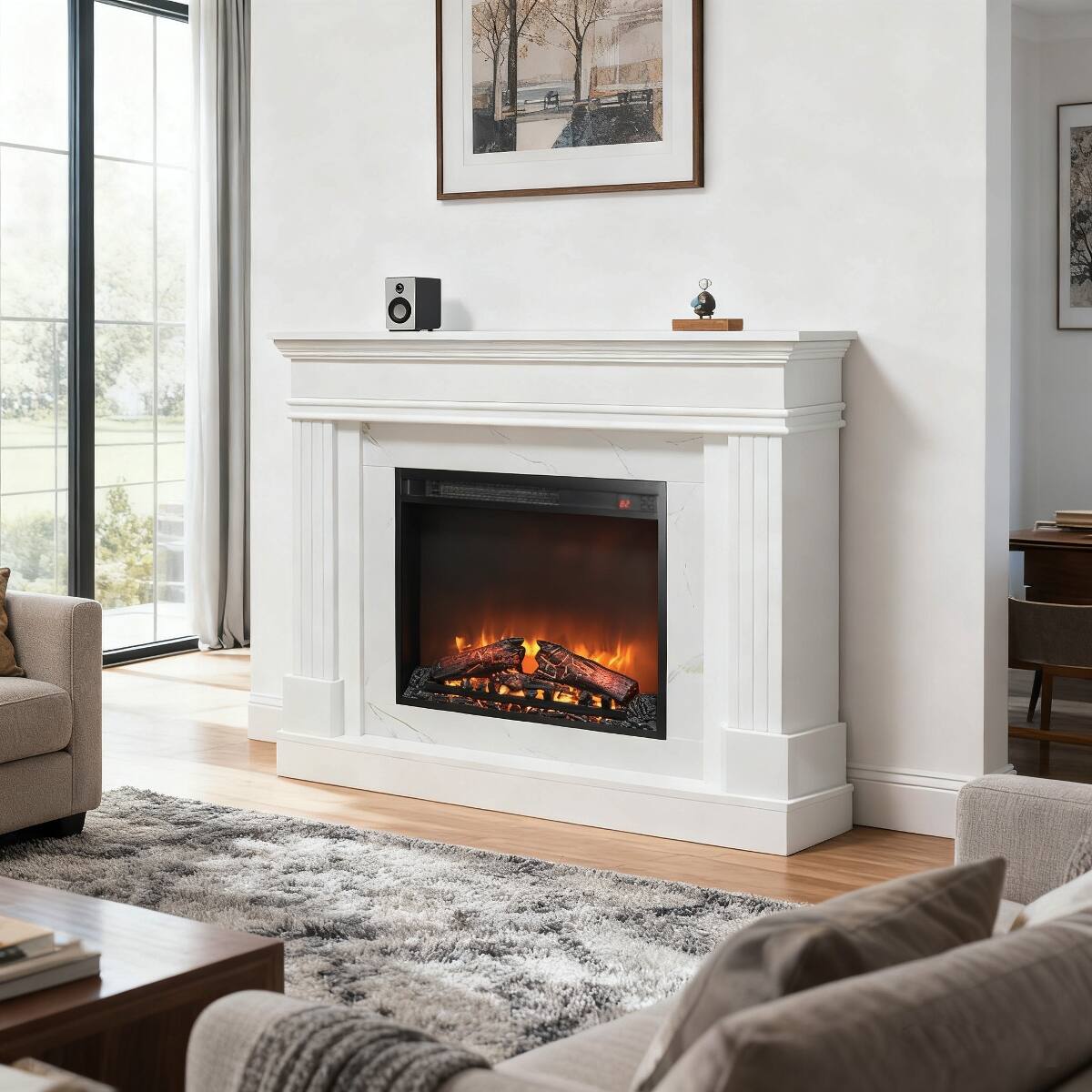 Alt View 2. Loheer - Loheer 44 inch electric fireplace with mantel, 23 inch fireplace insert heater, Jasmine White - White.