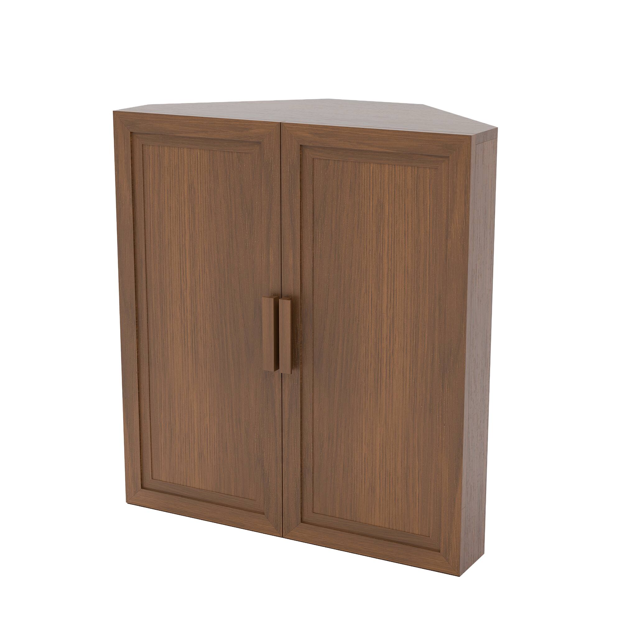 Angle. PexFix - 36" Farmhouse Corner Accent Storage Cabinet with Solid Wood Doors and Adjustable Shelves for Space-Saving - Walnut.