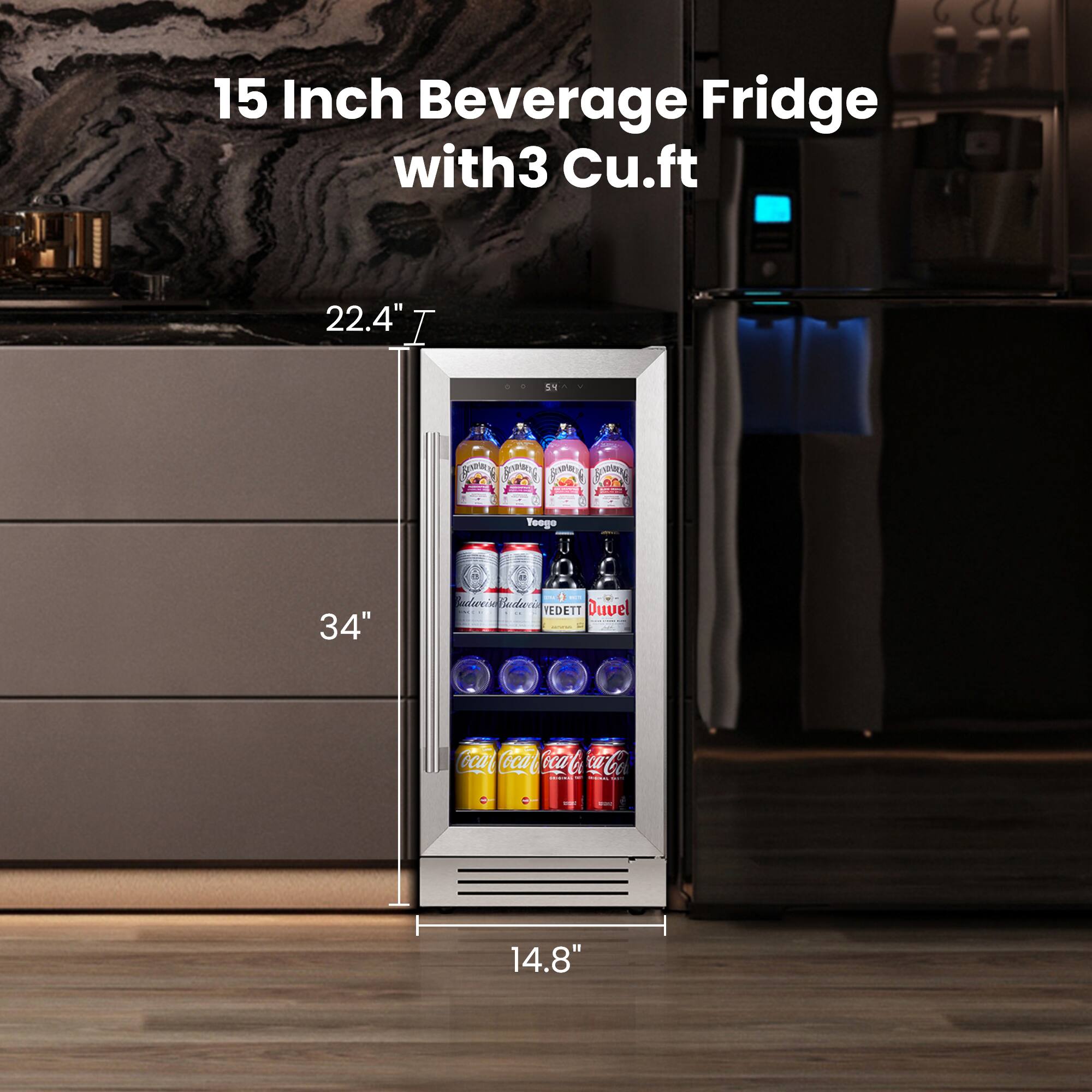 6 Chb 15 Inch Beverage Fridge with 3 Cu.ft 22.4" I 59 B PIae S POMI - Tooge 34" ee Badievi Duve TEDETT Cca Cocal Ca l ca-Co 14.8"