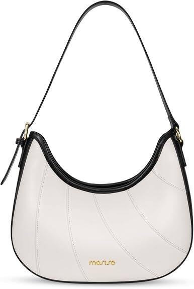 Front. mosiso - PU Leather Crescent Shoulder Bag for Women, Trendy Hobo Purse with Zipper Closure, Adjustable Strap & Inner Pockets - White.