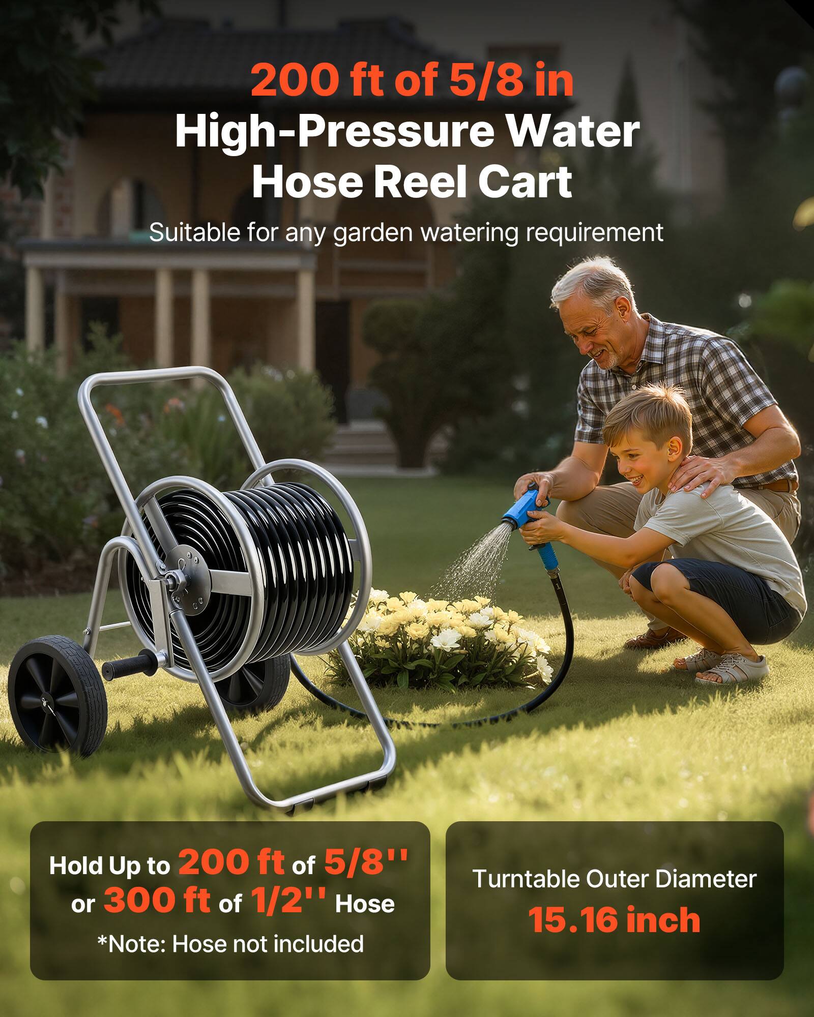 200 ft of 5/8 in High-Pressure Water Hose Reel Cart

Suitable for any garden watering requirement

Hold Up to 200 ft of 5/8" or 300 ft of 1/2" Hose
*Note: Hose not included

Turntable Outer Diameter 15.16 inch