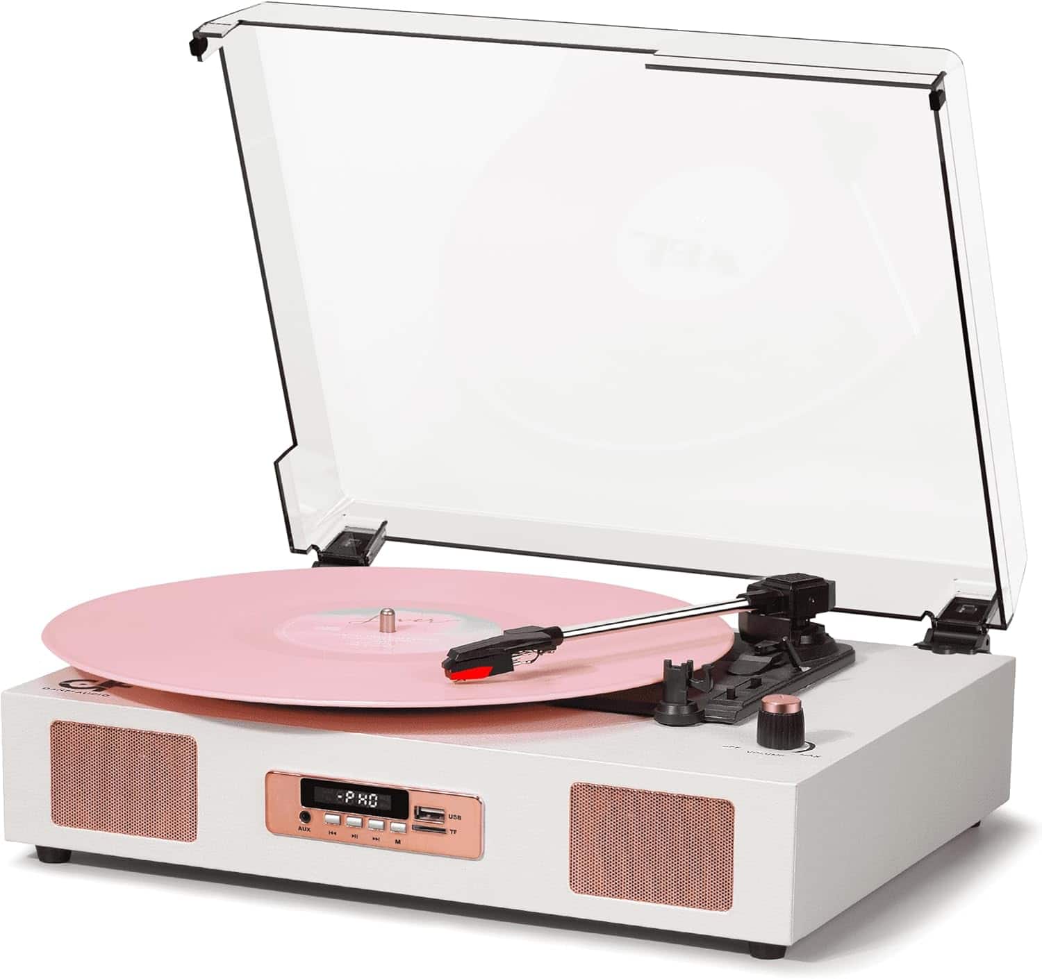 Vulpecula Spade - Vinyl Record Player Vintage Wireless Bluetooth Record Player with Stereo Speakers, USB/TF Card Recording - White & Rose Gold