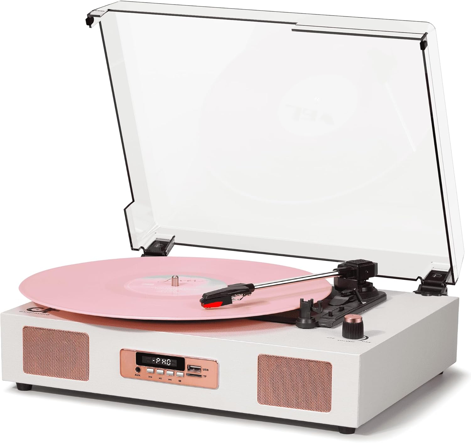 Front. Vulpecula Spade - Vinyl Record Player Vintage Wireless Bluetooth Record Player with Stereo Speakers, USB/TF Card Recording - White & Rose Gold.