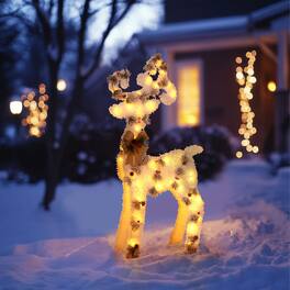 Oumilen - 40.2in Lighted White Flocked Reindeer – Pre‑Lit Yard Sculpture with Bow & Pine Cone for Outdoor Garden Lawn
