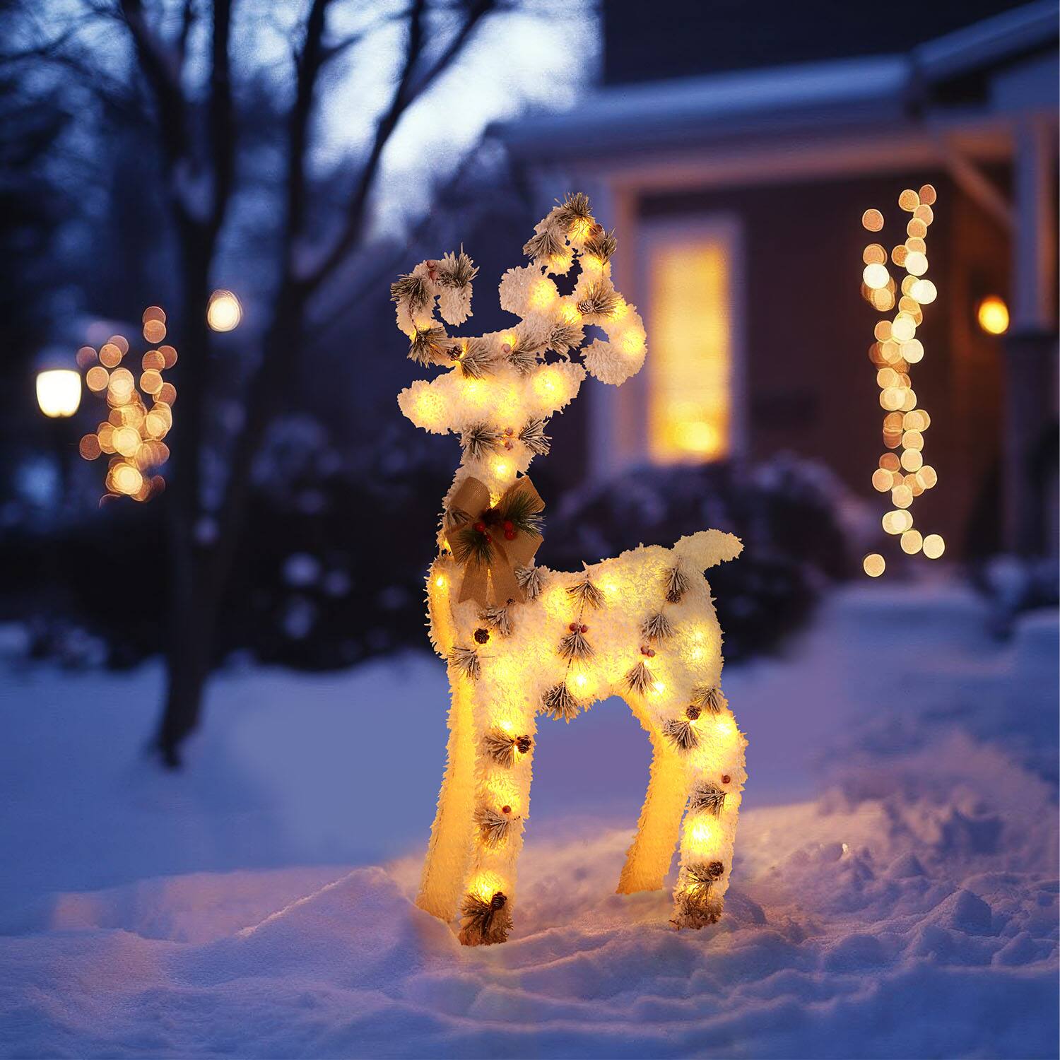 Front. Oumilen - 40.2in Lighted White Flocked Reindeer – Pre‑Lit Yard Sculpture with Bow & Pine Cone for Outdoor Garden Lawn.