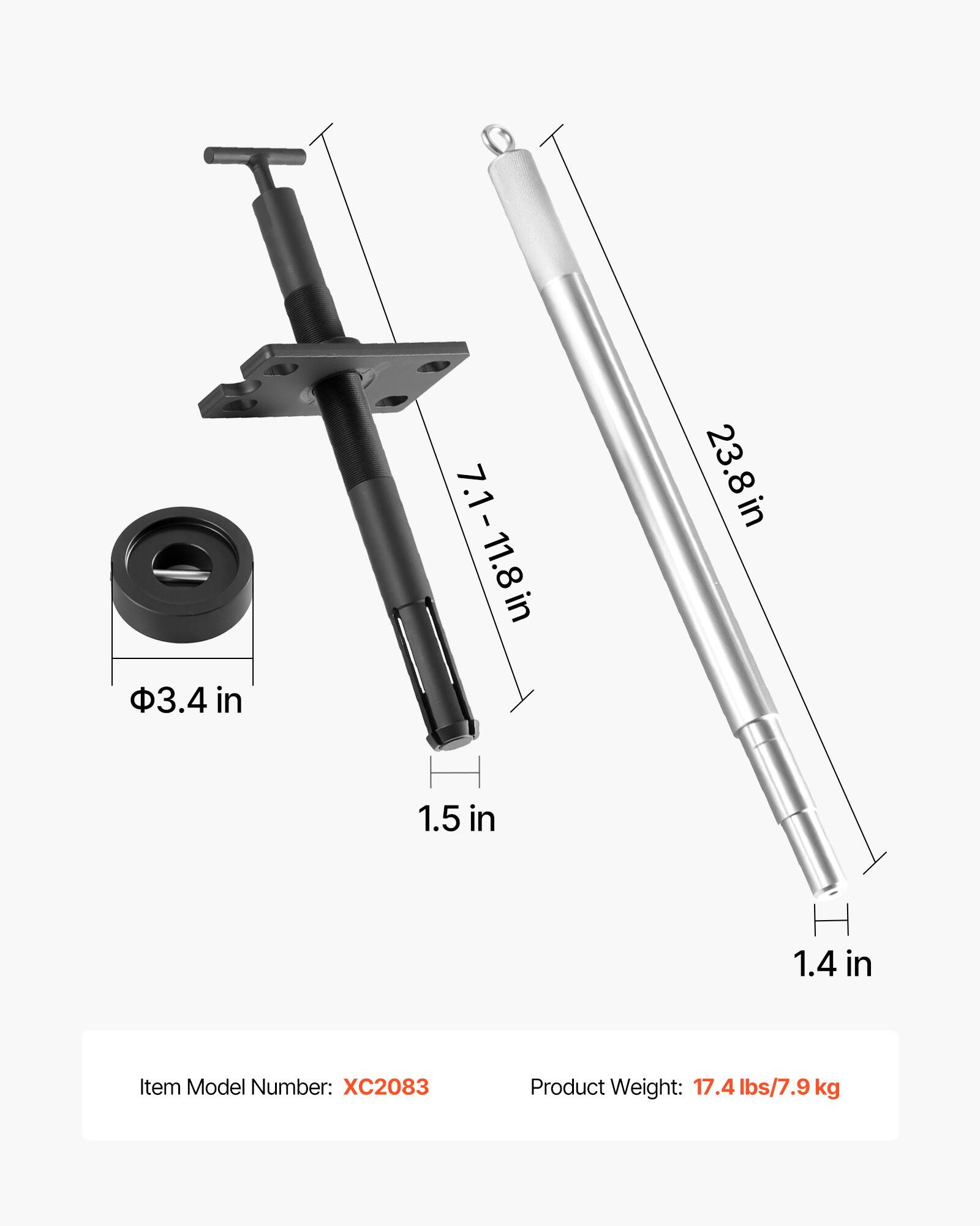 3.4 in  
7.1-11.8 in  
23.8 in  
1.5 in  
1.4 in  

Item Model Number: XC2083  
Product Weight: 17.4 lbs/7.9 kg