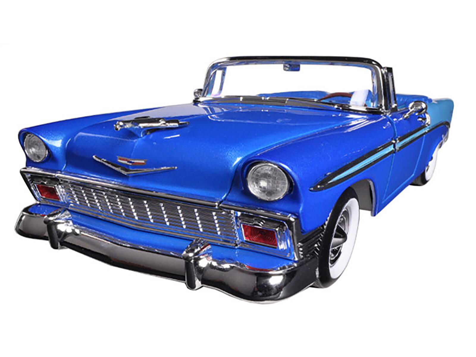 Angle. Road Signature - 1956 Chevrolet Bel Air Convertible Dark Blue Metallic and Light Blue 1/18 Diecast Model Car by Road Signature - Dark Blue Metallic and Light Blue.