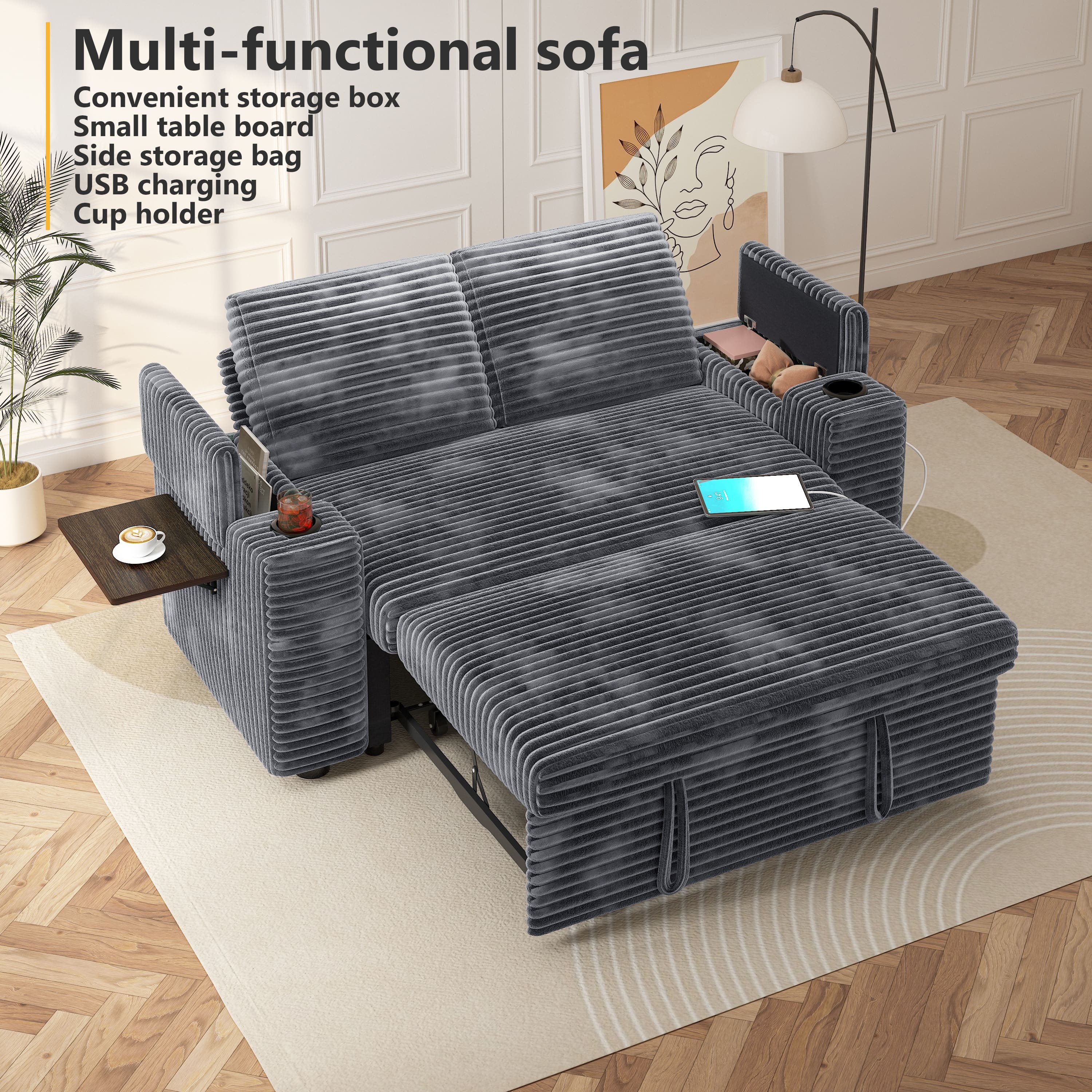 Multi-functional sofa  
Convenient storage box  
Small table board  
Side storage bag  
USB charging  
Cup holder