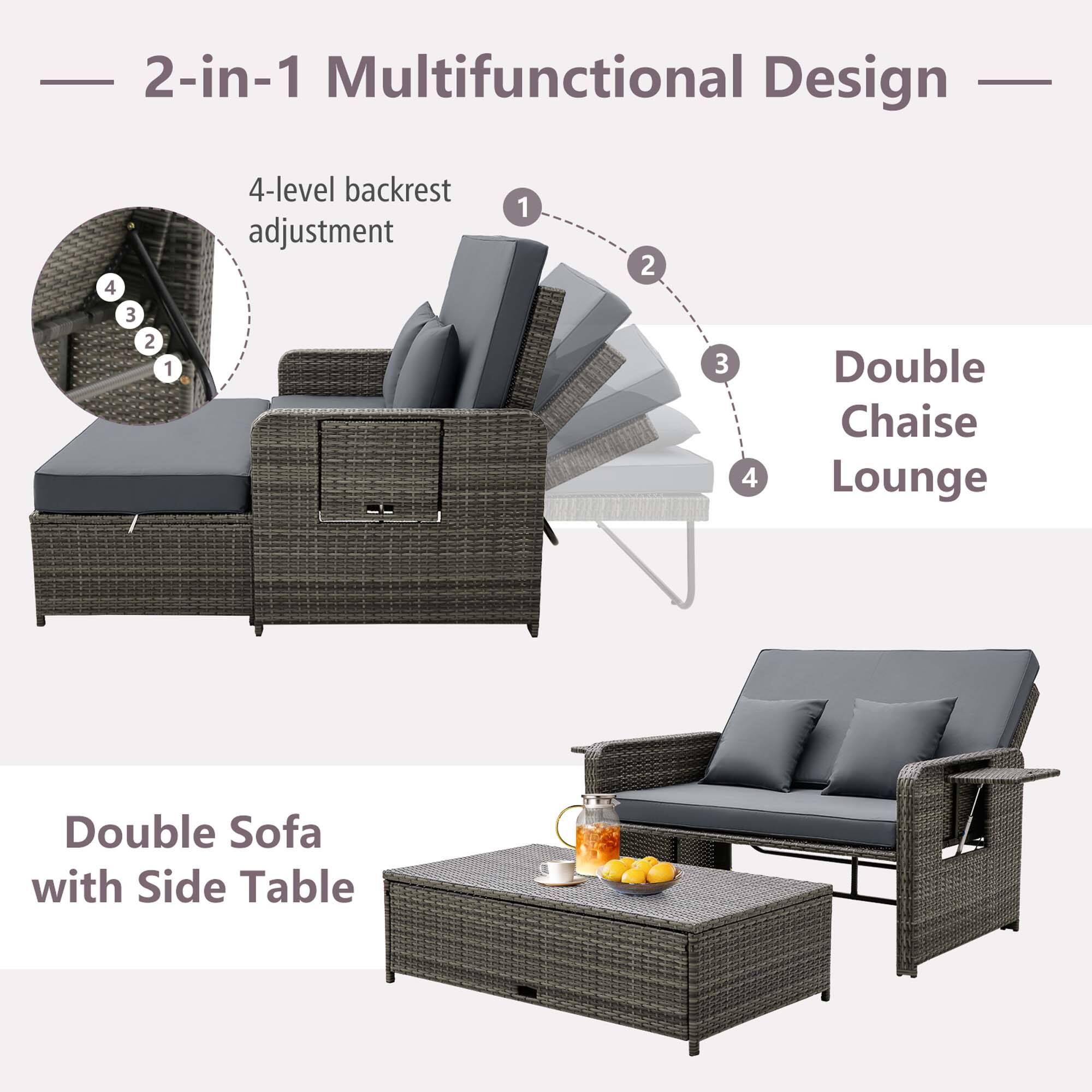 2-in-1 Multifunctional Design: 4-level backrest adjustment, Double Chaise Lounge, Double Sofa with Side Table.