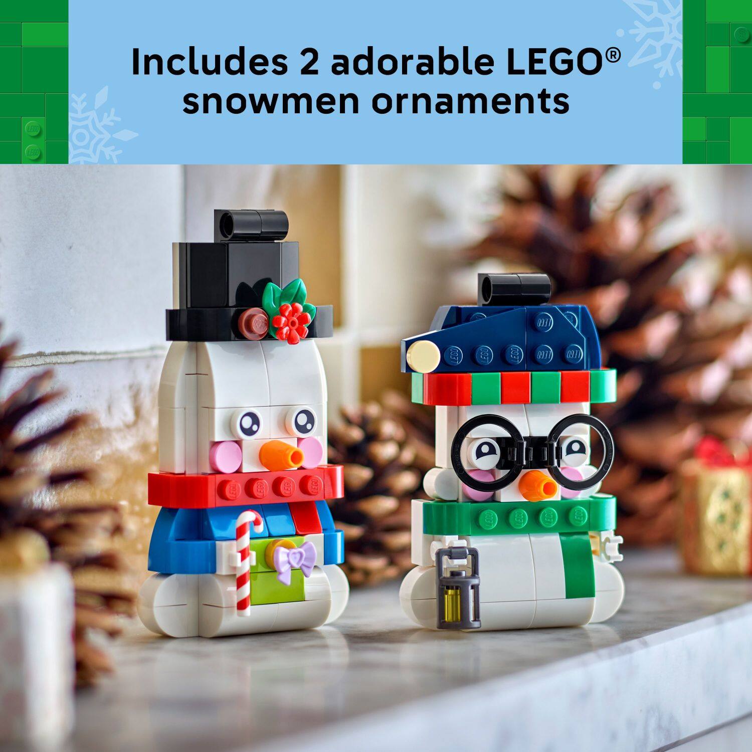 Includes 2 adorable LEGO® snowmen ornaments