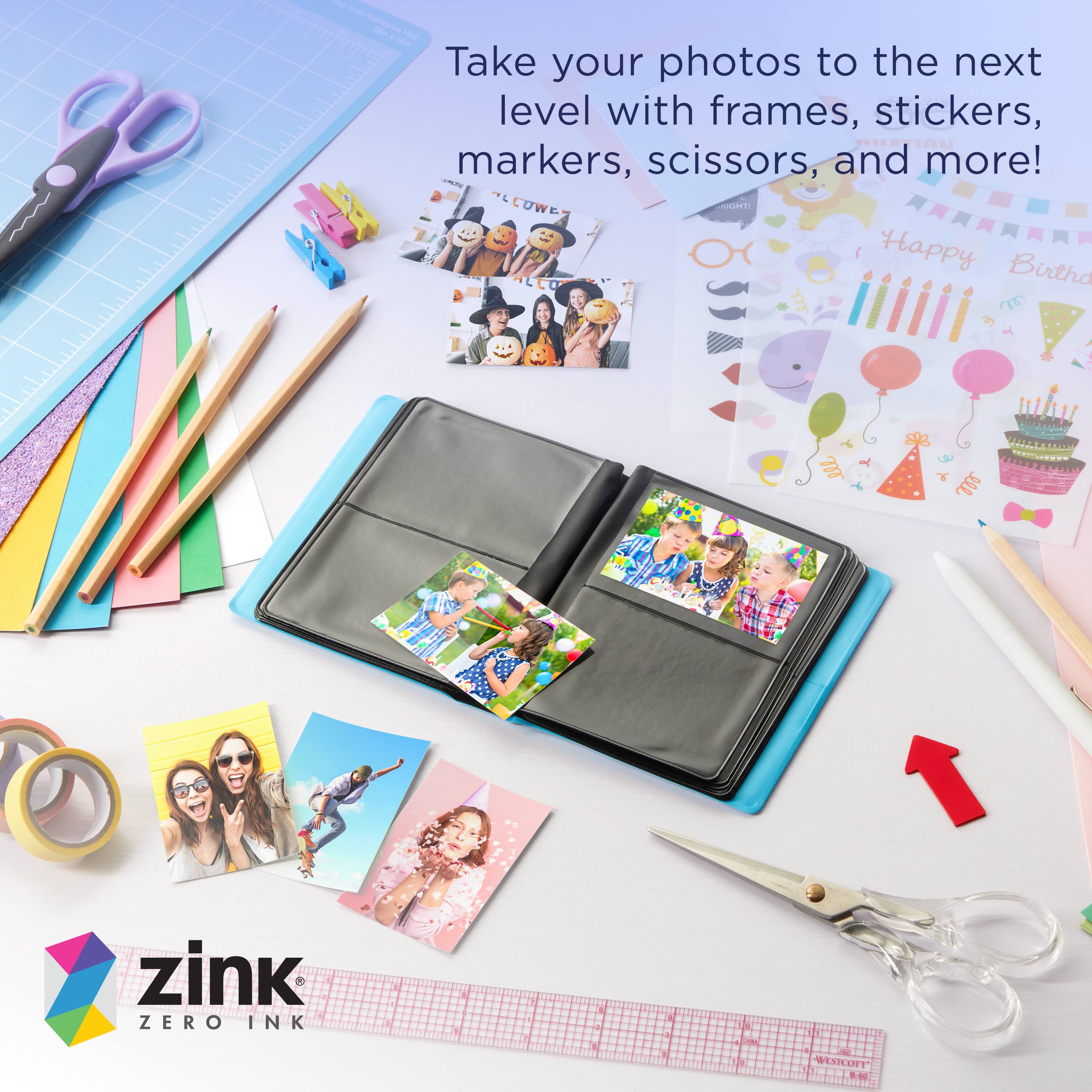 Take your photos to the next level with frames, stickers, markers, scissors, and more!

zink ZERO INK