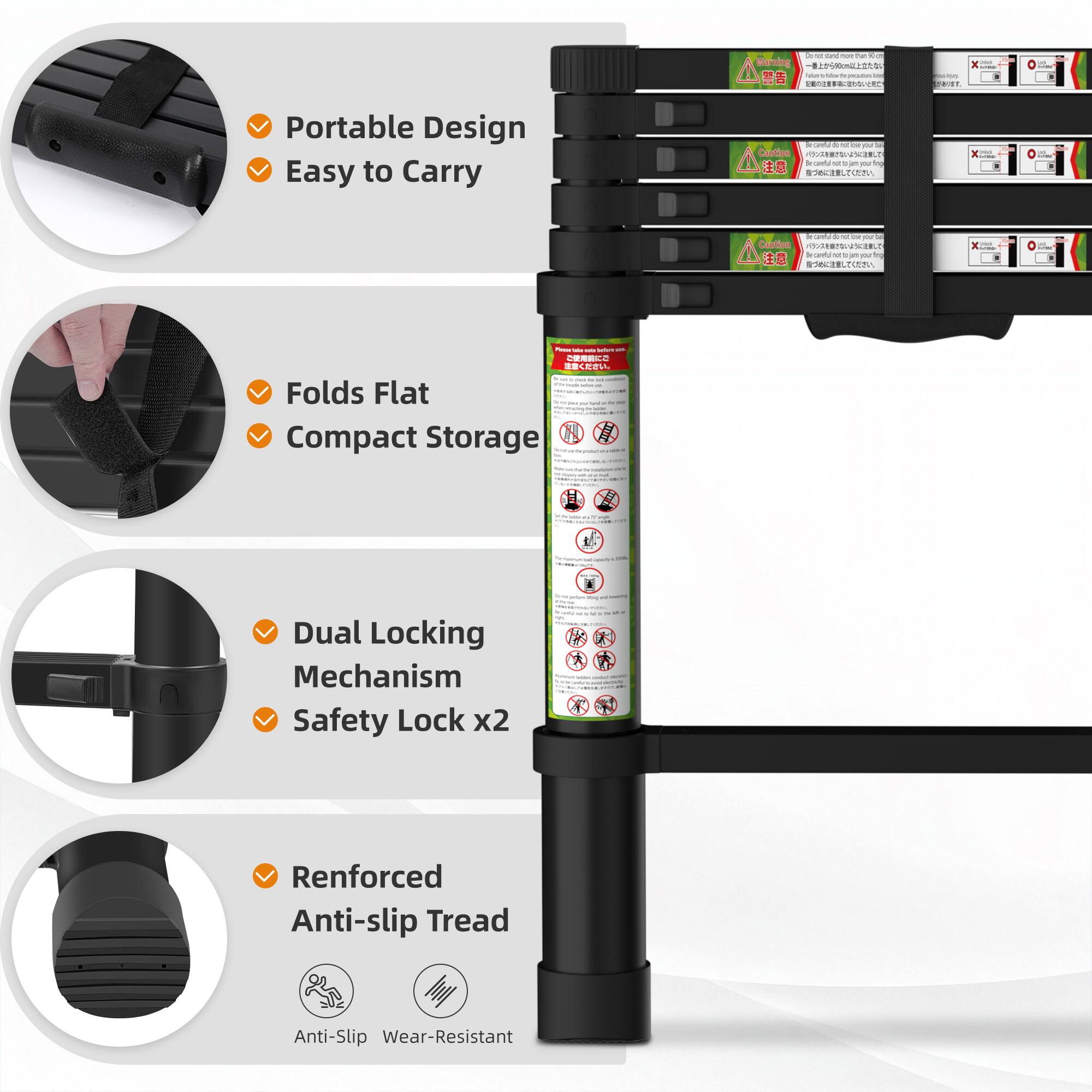 Sure, here is the corrected and grouped text:

- Portable Design
- Easy to Carry

- Folds Flat
- Compact Storage

- Dual Locking Mechanism
- Safety Lock x2

- Reinforced Anti-slip Tread
  - Anti-Slip
  - Wear-Resistant