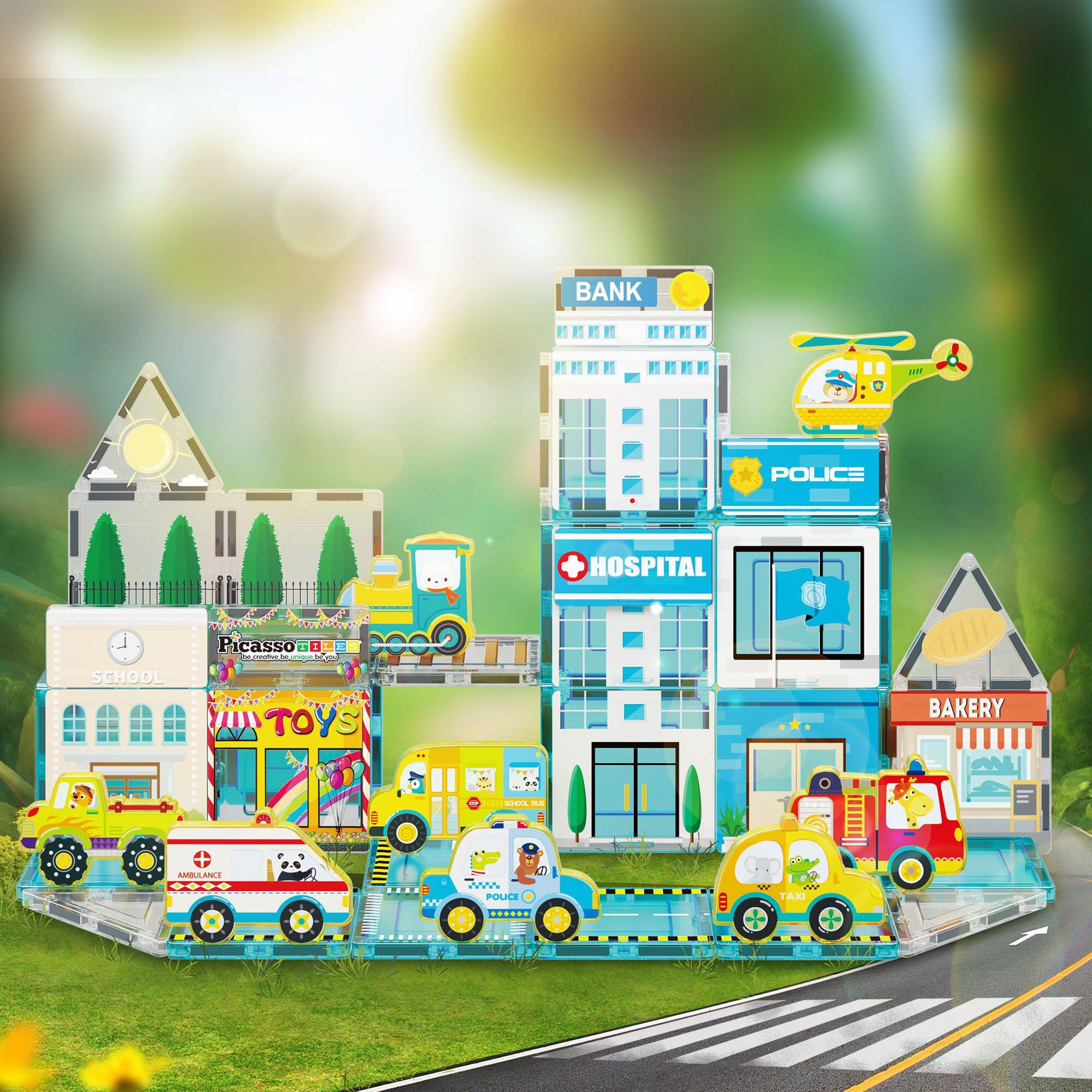 BANK, POLICE, HOSPITAL, SCHOOL, Picasso, TOYS, BAKERY, AMBULANCE, POLICE, TAXI