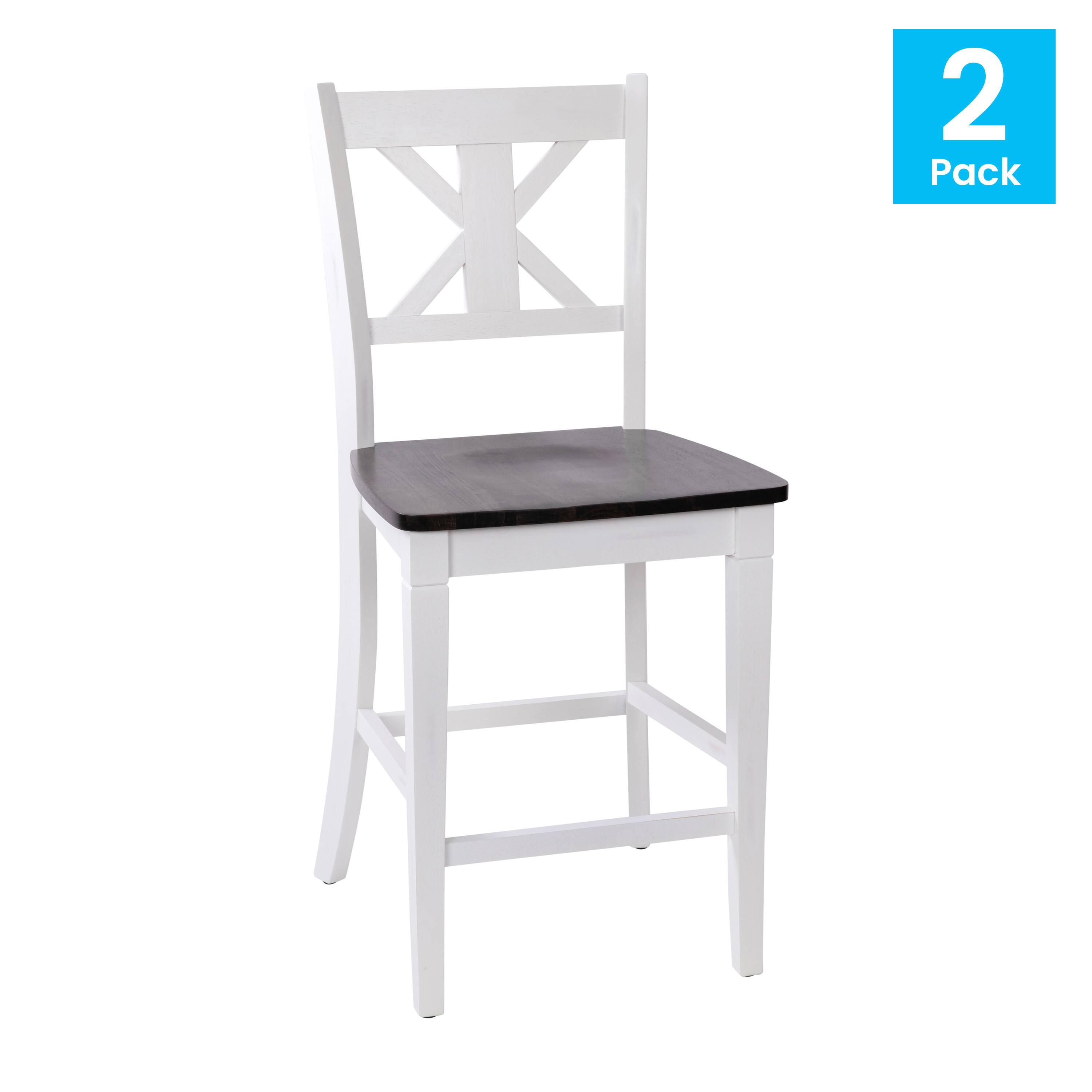 Alt View 2. Emma + Oliver - Lara Set of 2 Wooden Modern Farmhouse Bar Height Dining Stool with Decorative Carved Backrest and Wood Seat - White Wash.