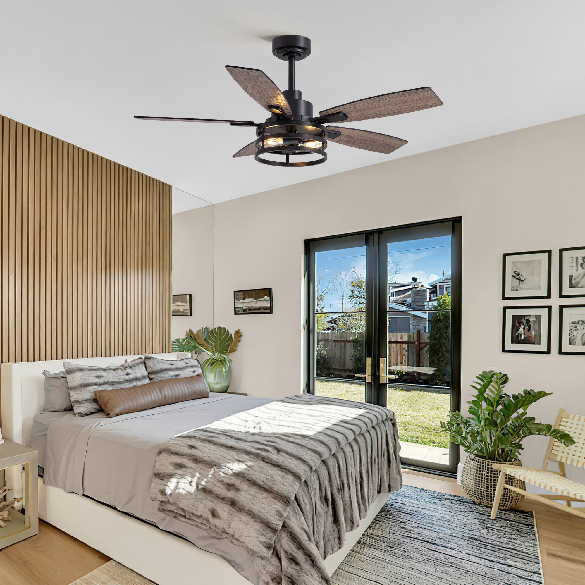 Alt View 1. Siljoy - 46 In Black Ceiling Fan with Lights and Remote Farmhouse Cage Ceiling Fan for Patio Bedroom and Living room - Black.