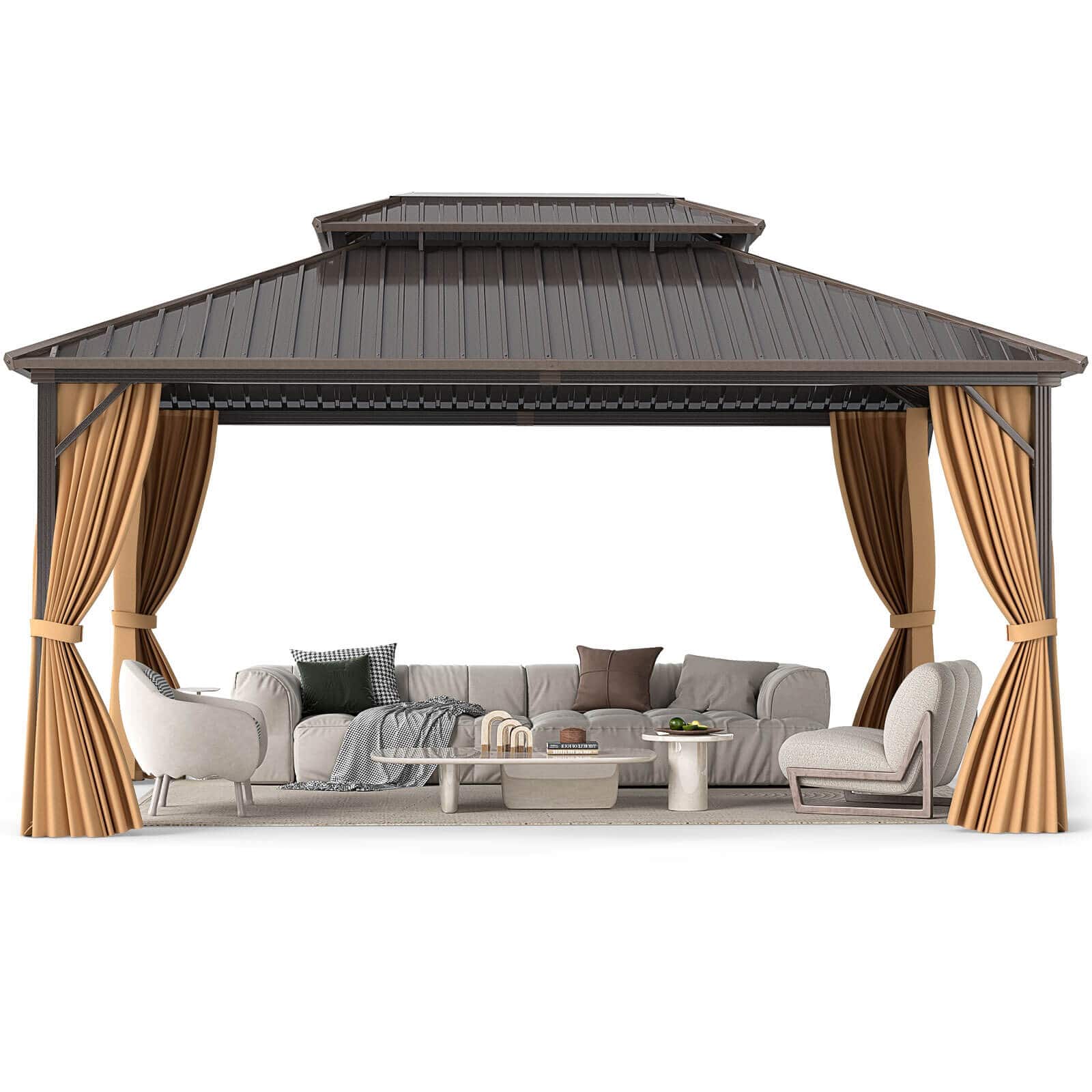 Costway - 16 x 12 FT Hardtop Gazebo Aluminum Frame Permanent Pavilion with Curtains & Netting - Brown