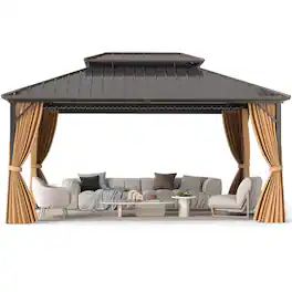 Costway - 16 x 12 FT Hardtop Gazebo Aluminum Frame Permanent Pavilion with Curtains & Netting - Brown